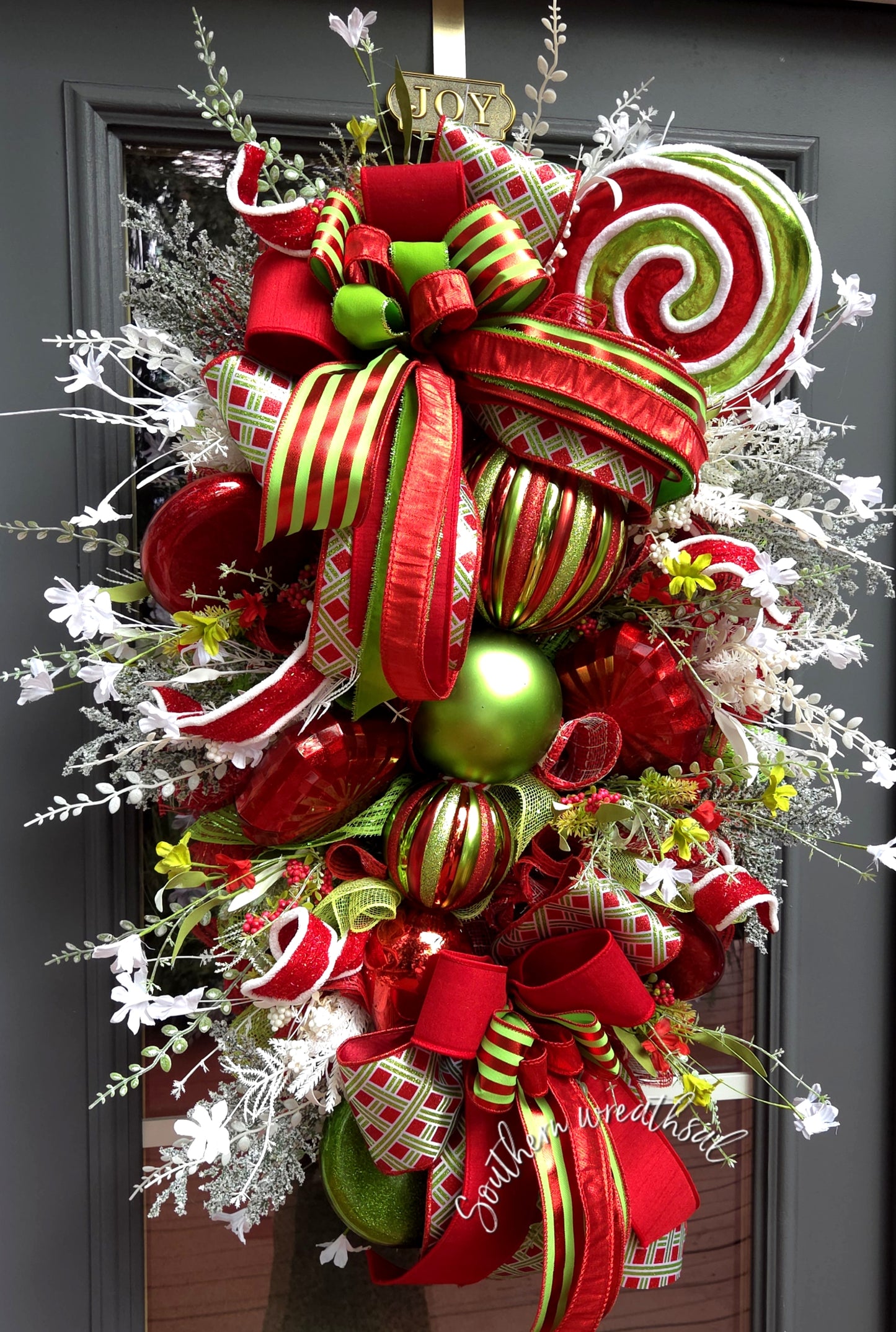 Red & Lime Green XL Finial Christmas Front Door Wreath