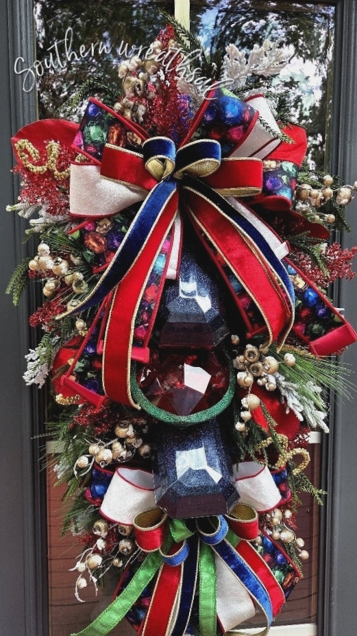 Jeweled Christmas Red,Blue and Green Christmas Front Door Wreath