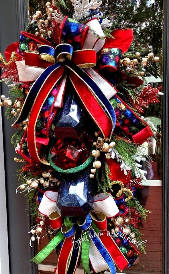 Jeweled Christmas Red,Blue and Green Christmas Front Door Wreath