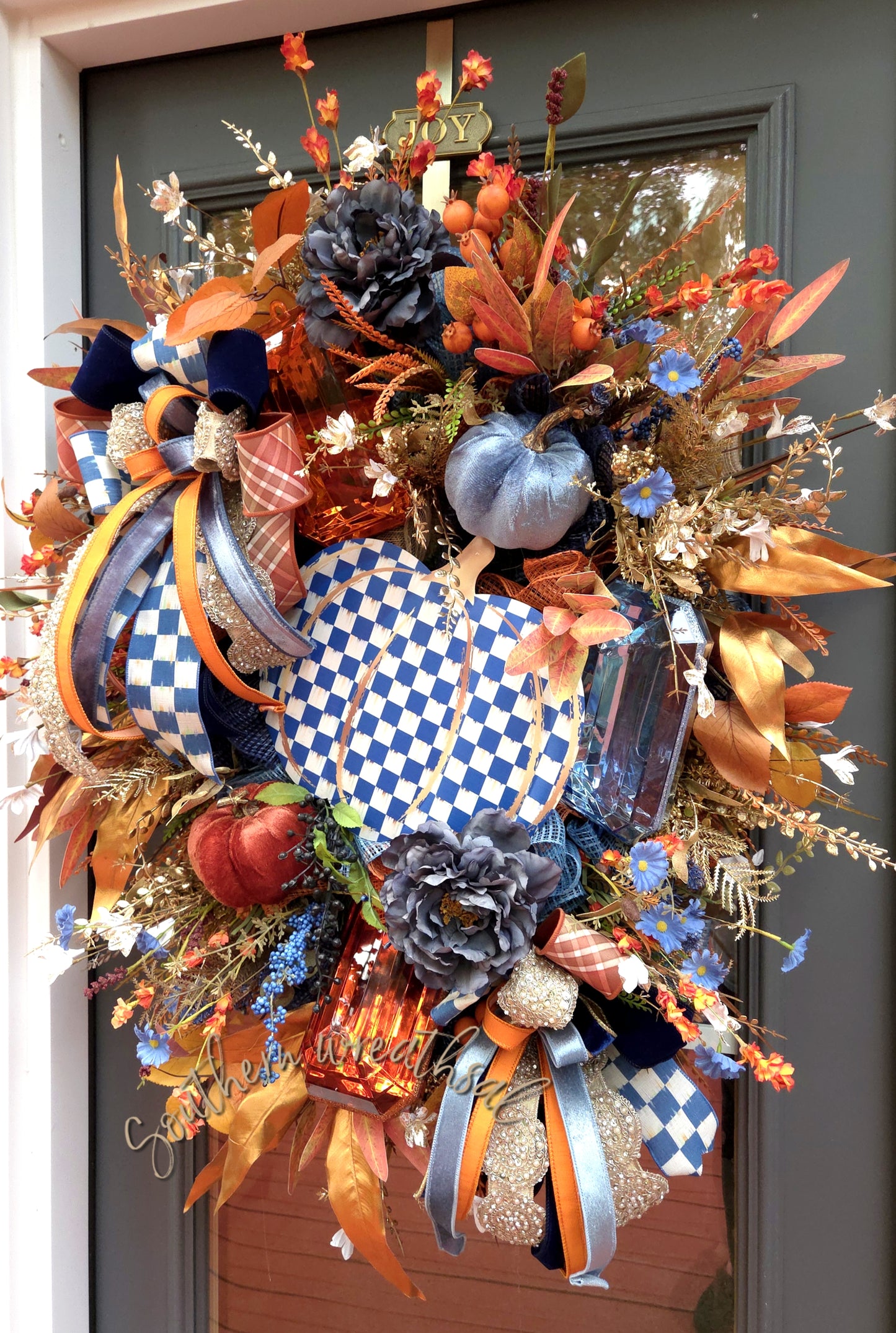 Deluxe Elegant Orange and NavyPumpkin & Jewel Fall Wreath