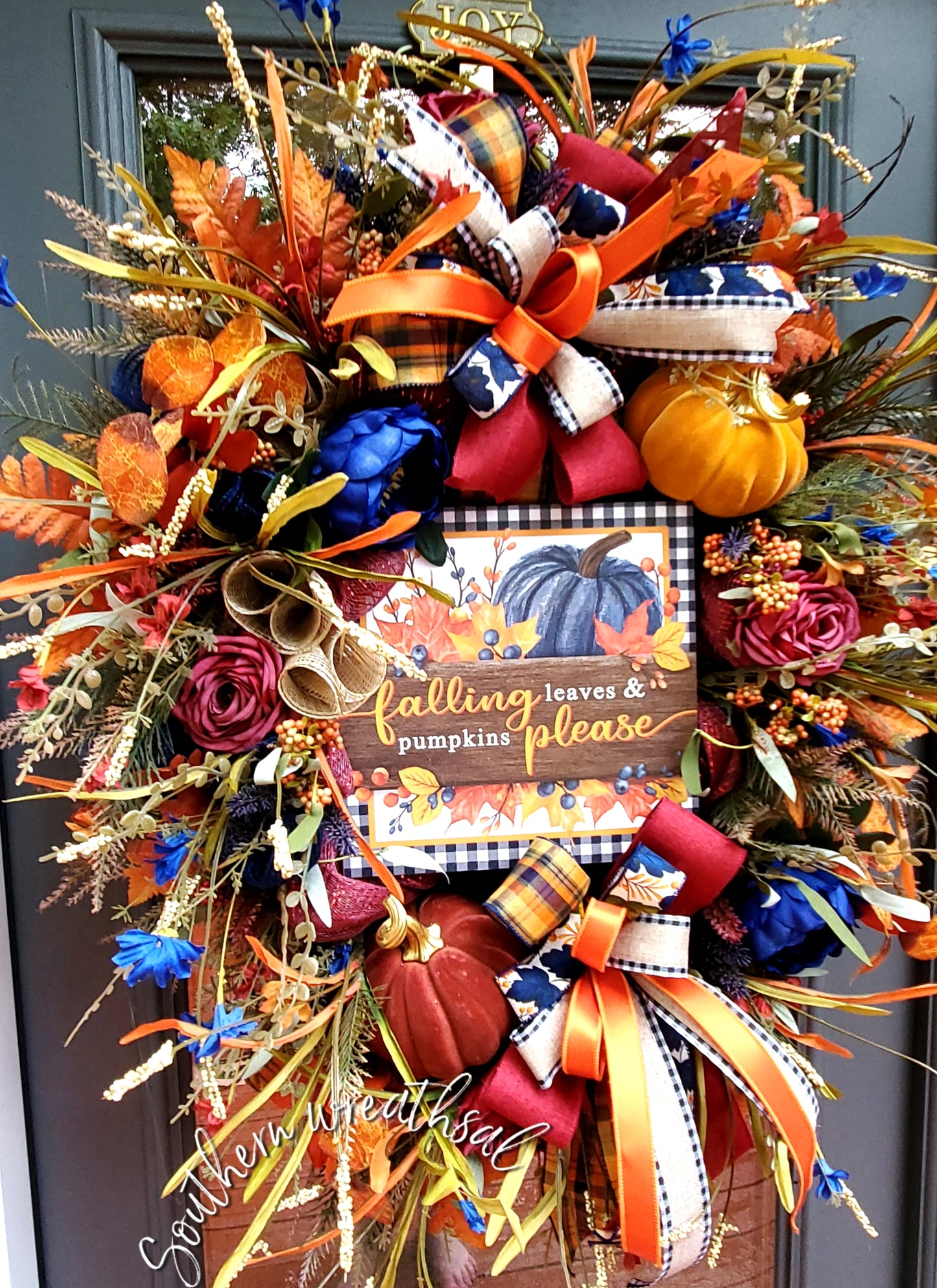 Autumn Elegance Wreath – "Navy Pumpkin & Velvet Harvest Blooms"