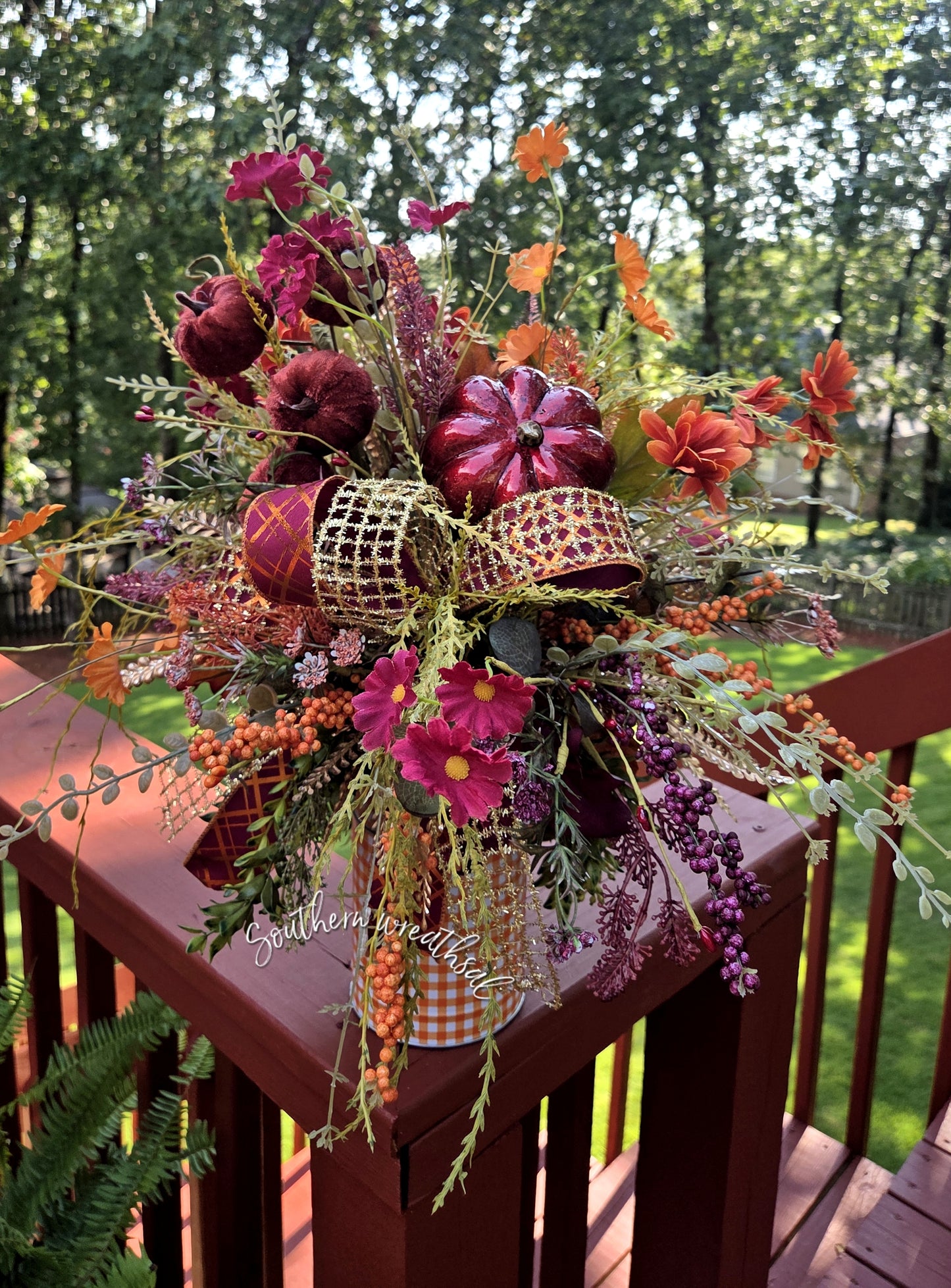Fall Orange & Burgundy Pumpkin Floral Arrangement