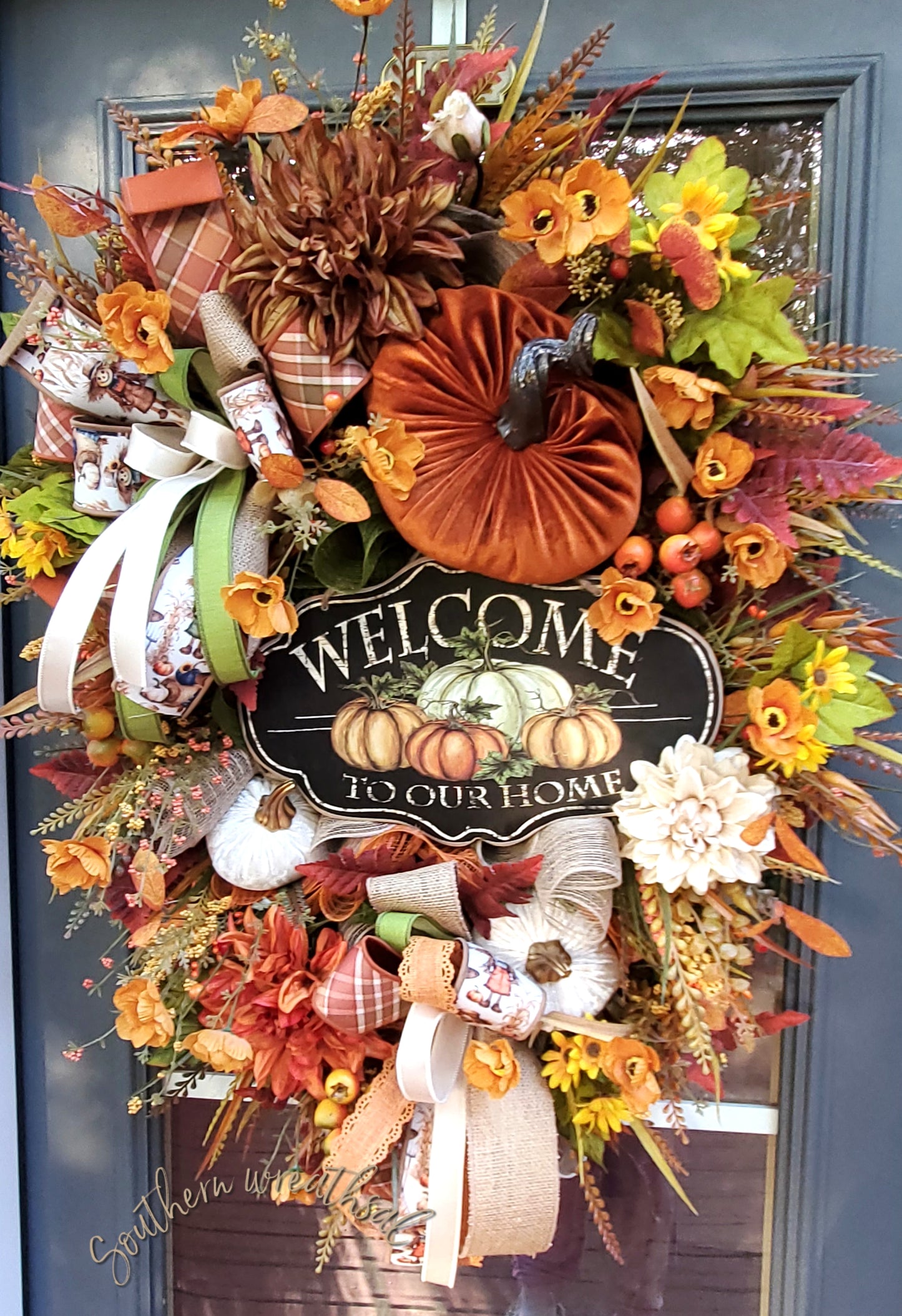 Welcome to Our Home Deluxe Fall Pumpkin Patch Wreath with Velvet Pumpkins, Dahlias, Gold Poppies