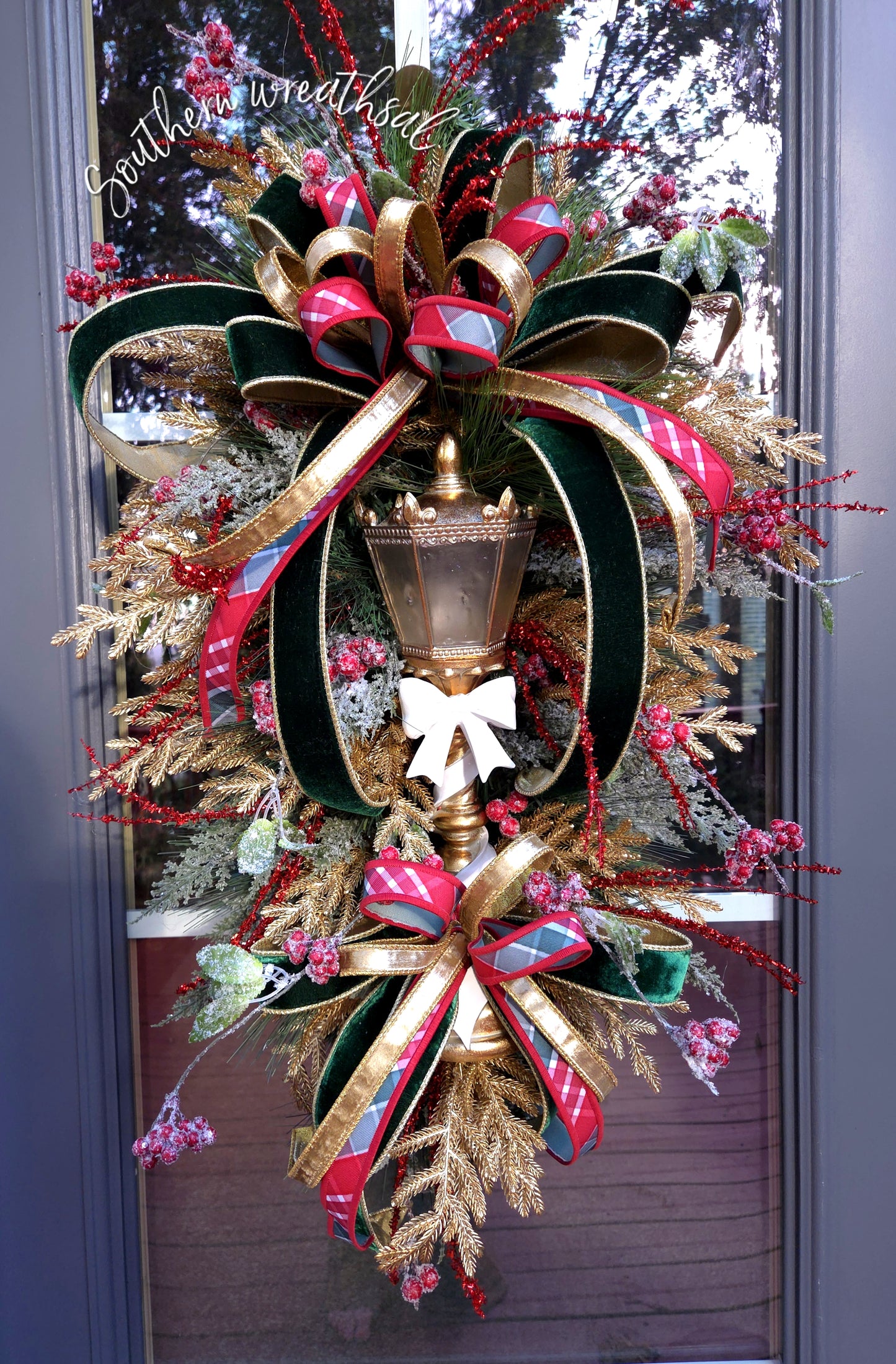 Elegant Christmas Gold, Red & Green Light Post Door Wreath