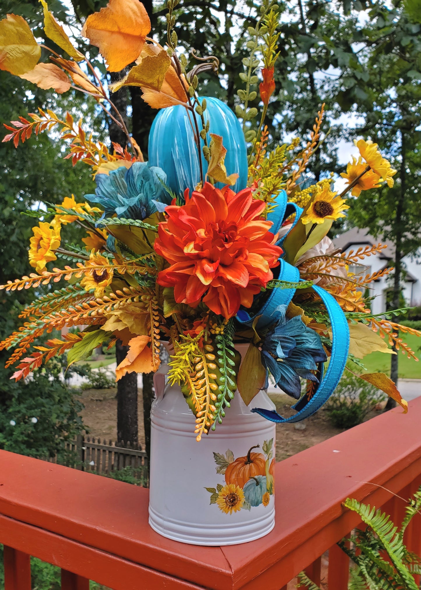 Orange and Turquoise Fall Pumpkin Table Centerpiece