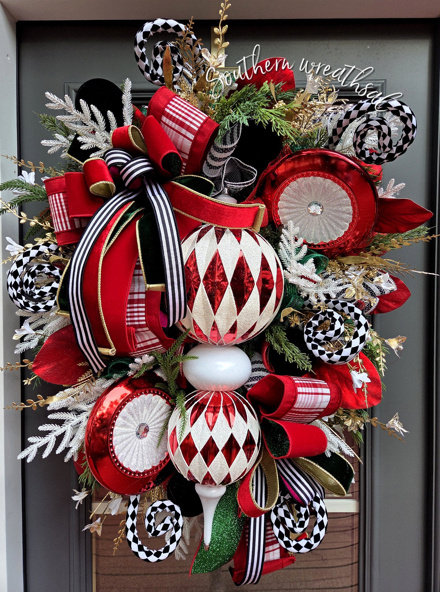 Red & White Christmas Finial Front Door Wreath - Deluxe