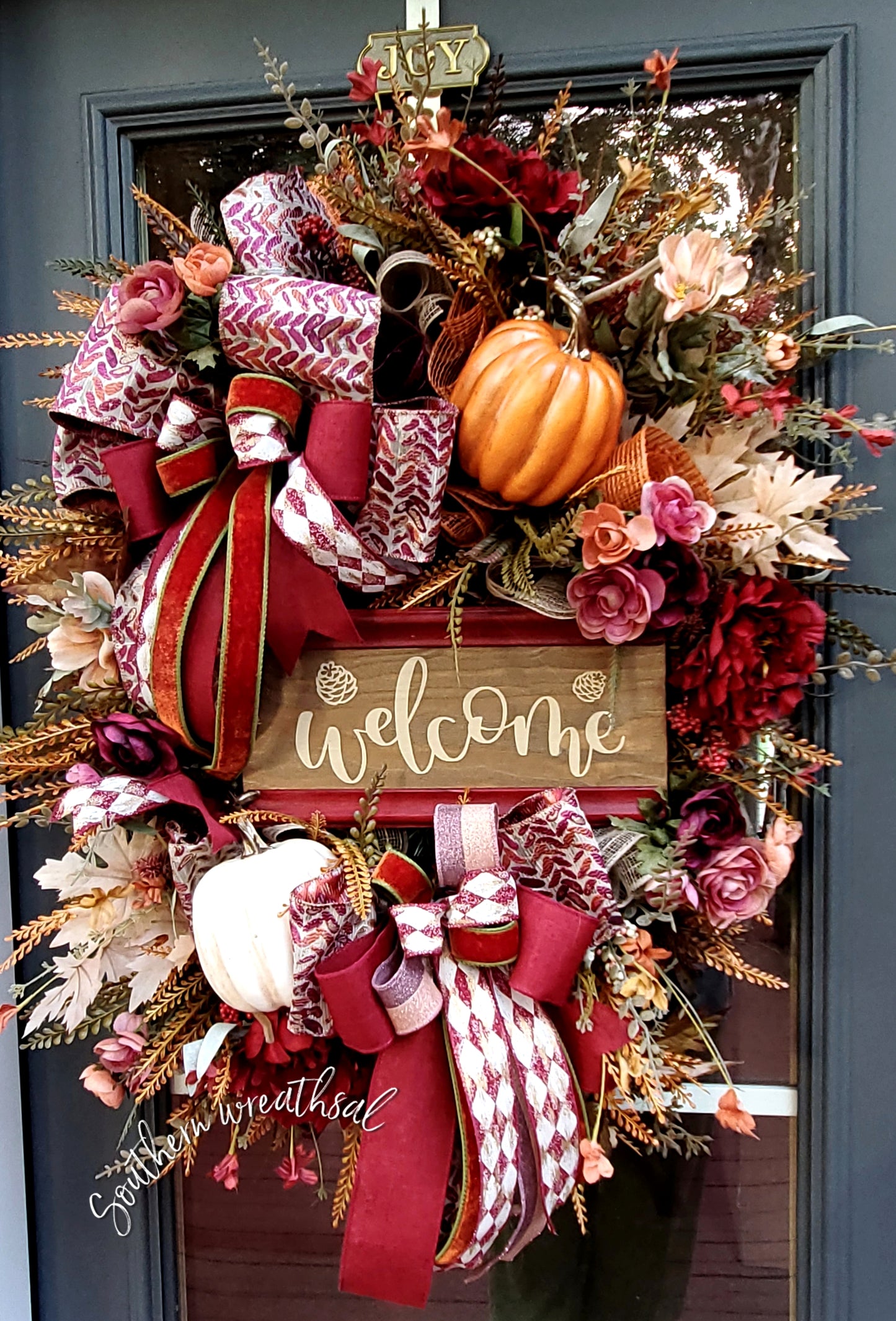 Burgundy Peony & Pumpkin Fall Door Wreath | Thanksgiving Welcome Wreath