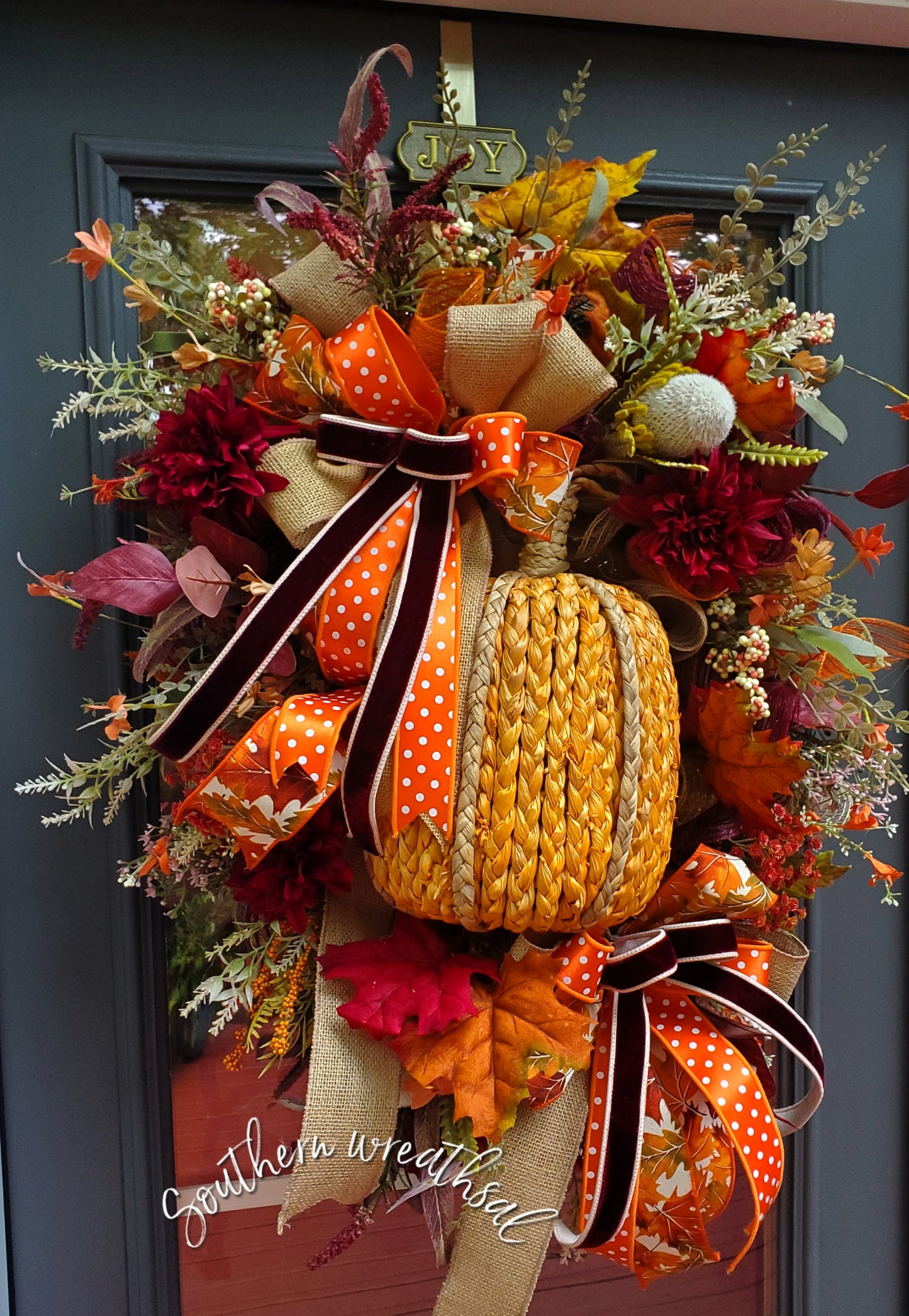 Fall Cornhusk Orange Pumpkin Fall Door Wreath | Thanksgiving Door Wreath
