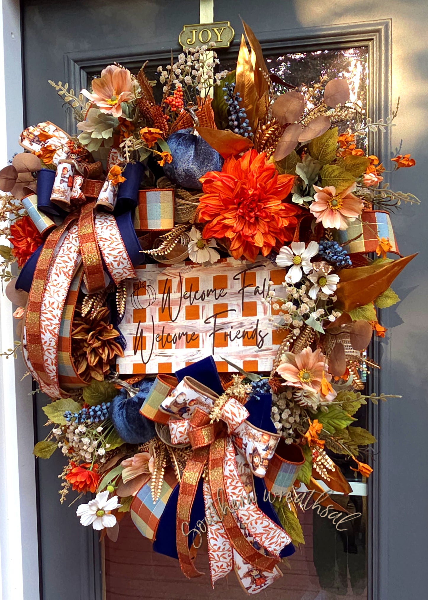 Orange & Navy Fall Friends Welcome Door Wreath