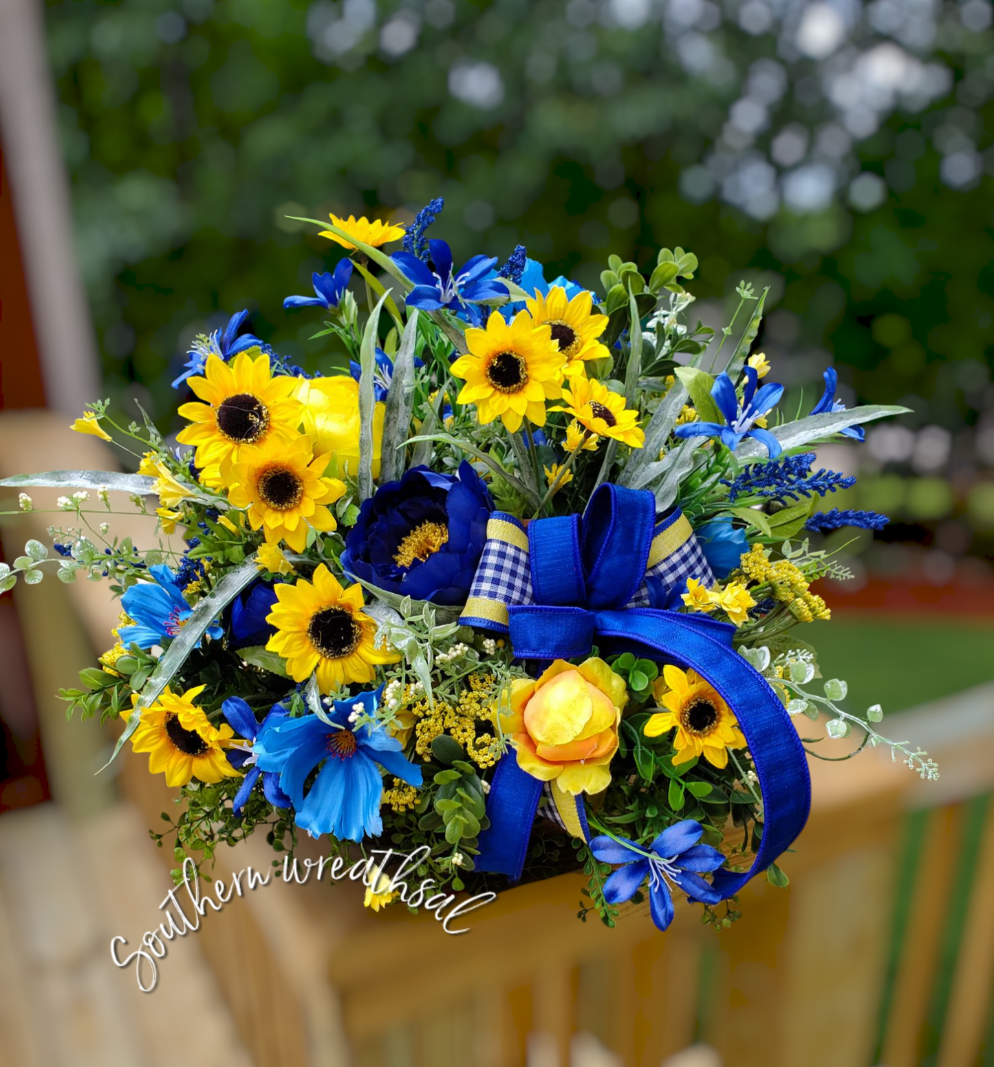 Summer Peony Blue and Yellow Dough Bowl Arrangement