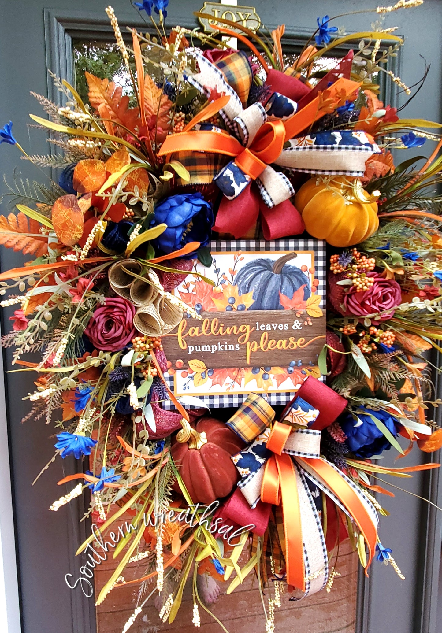 Autumn Elegance Wreath – "Navy Pumpkin & Velvet Harvest Blooms"