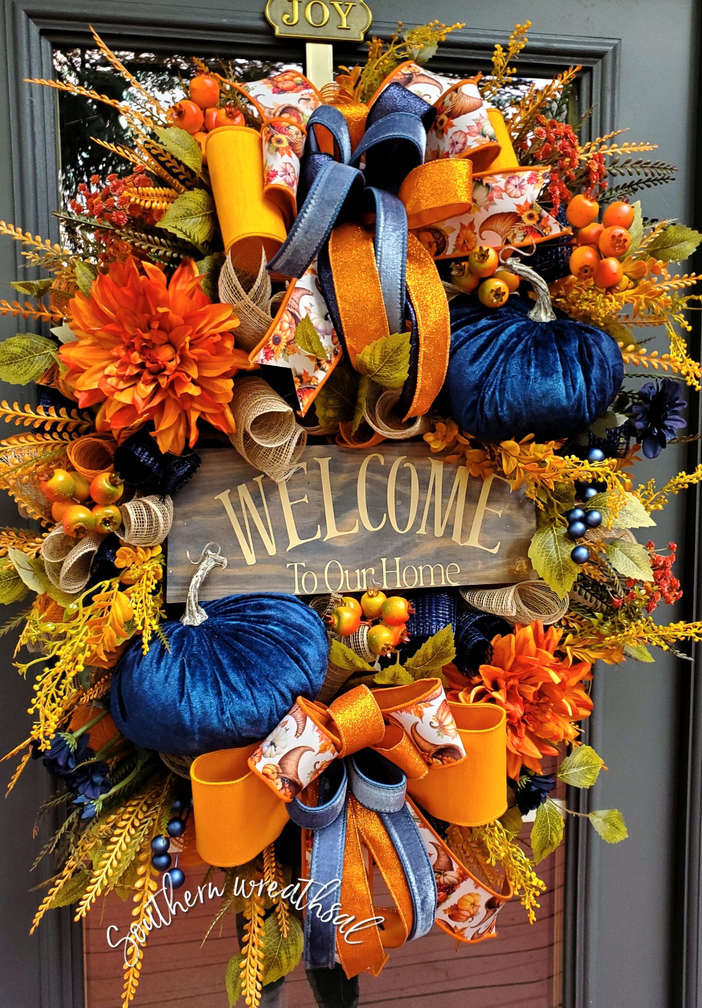 Deluxe Fall Front Door Wreath- Welcome To Our Home- Orange &Navy Blue | Thanksgiving Statement Wreath