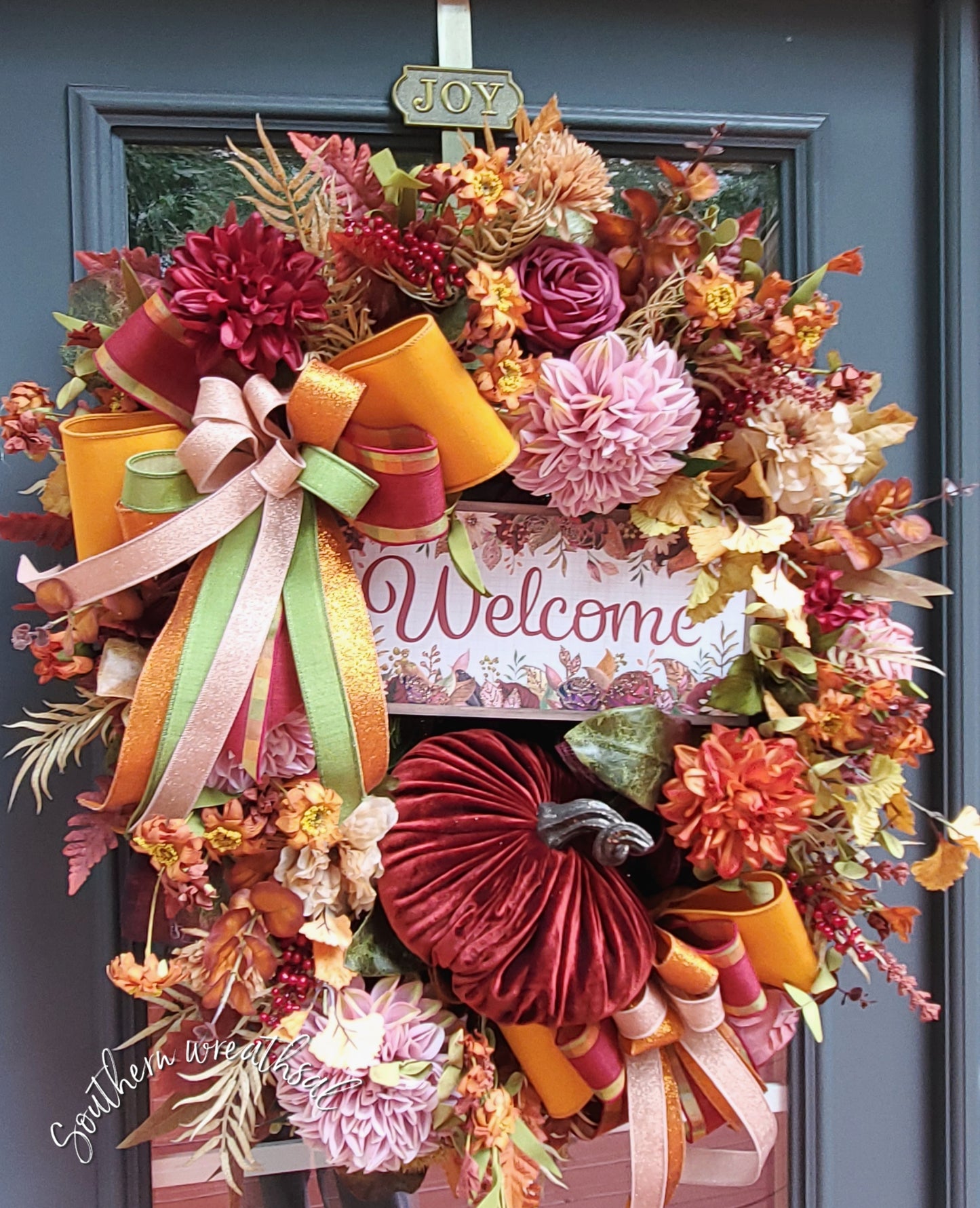 Autumn’s Velvet Welcome – Deluxe Burgundy & Orange Fall Floral Door Wreath