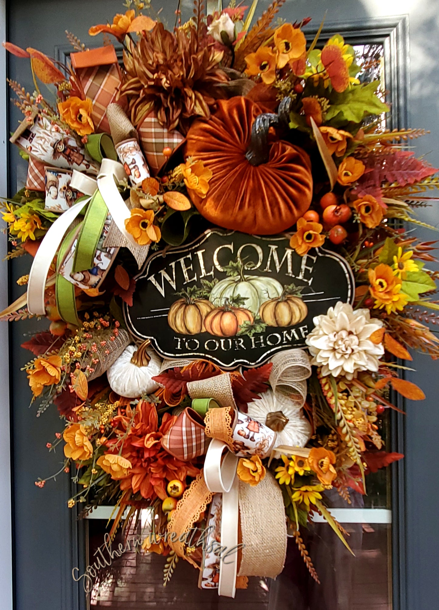 Welcome to Our Home Deluxe Fall Pumpkin Patch Wreath with Velvet Pumpkins, Dahlias, Gold Poppies