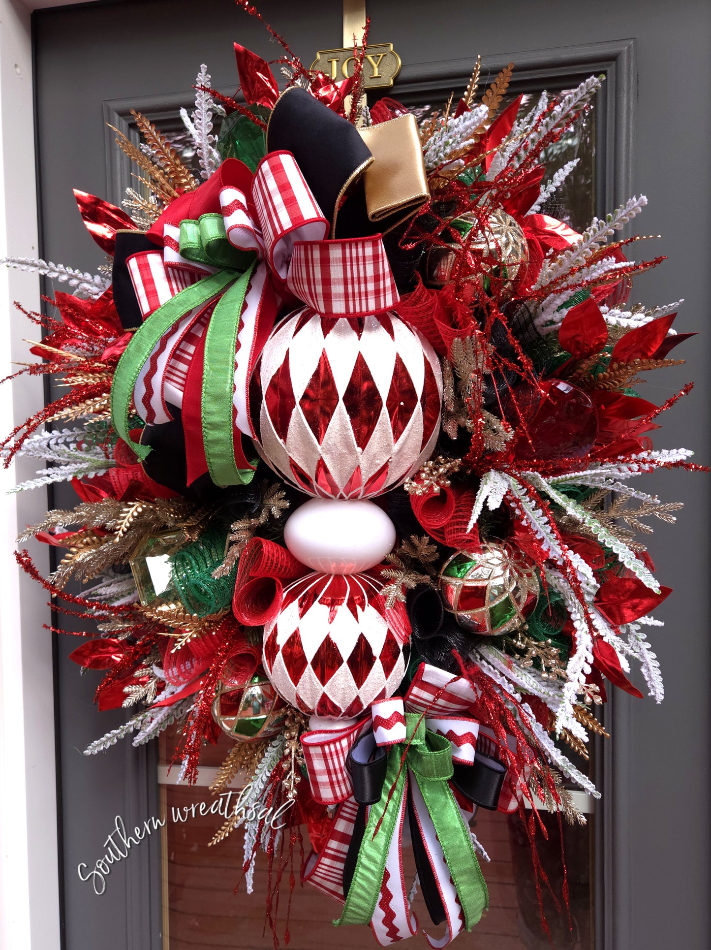 Elegant Red, White and Black Christmas Finial Door Wreath