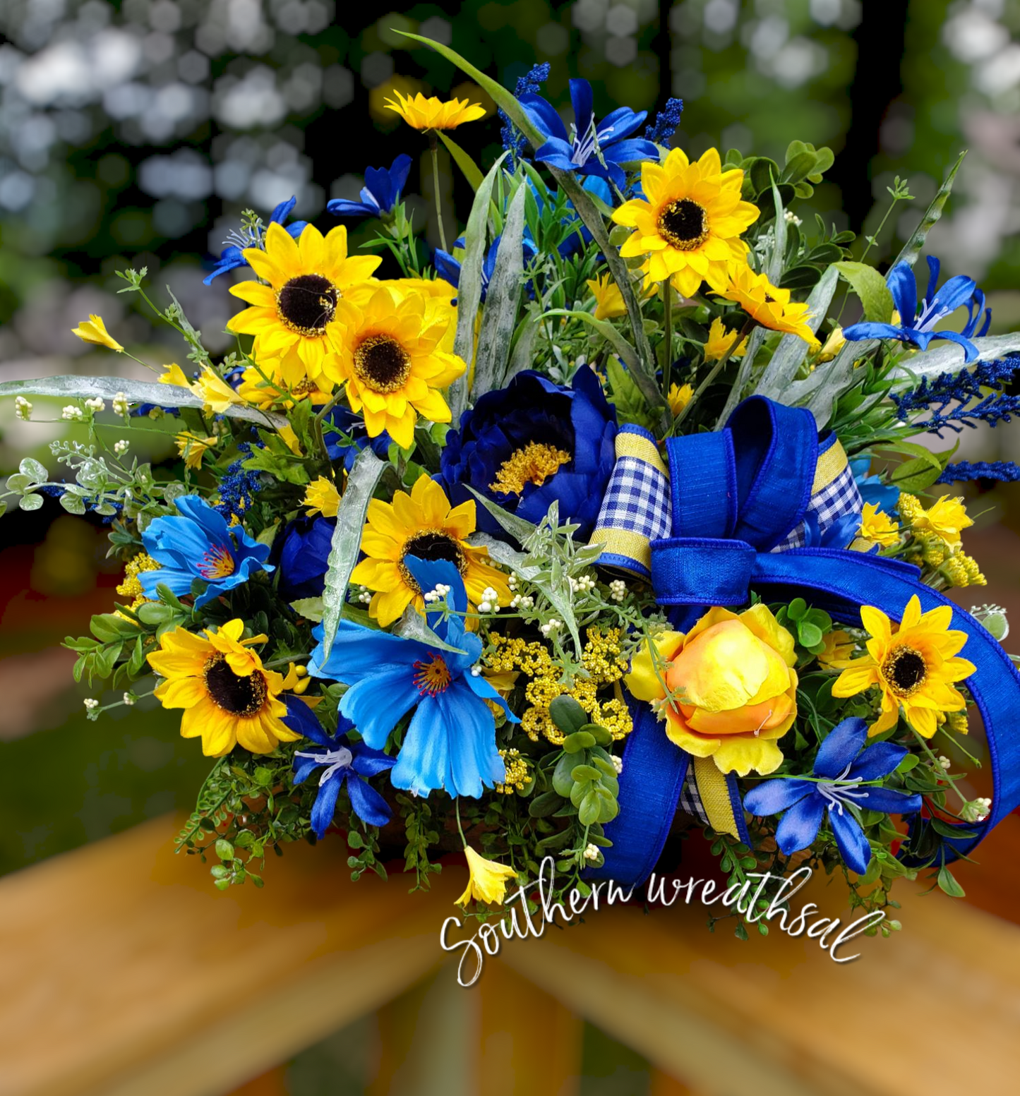 Summer Peony Blue and Yellow Dough Bowl Arrangement