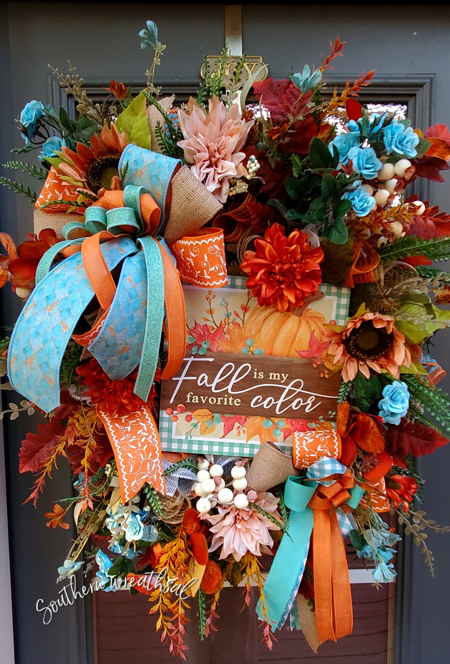 "Fall is my Favorite Color" Orange & Turquoise Front Door Wreath