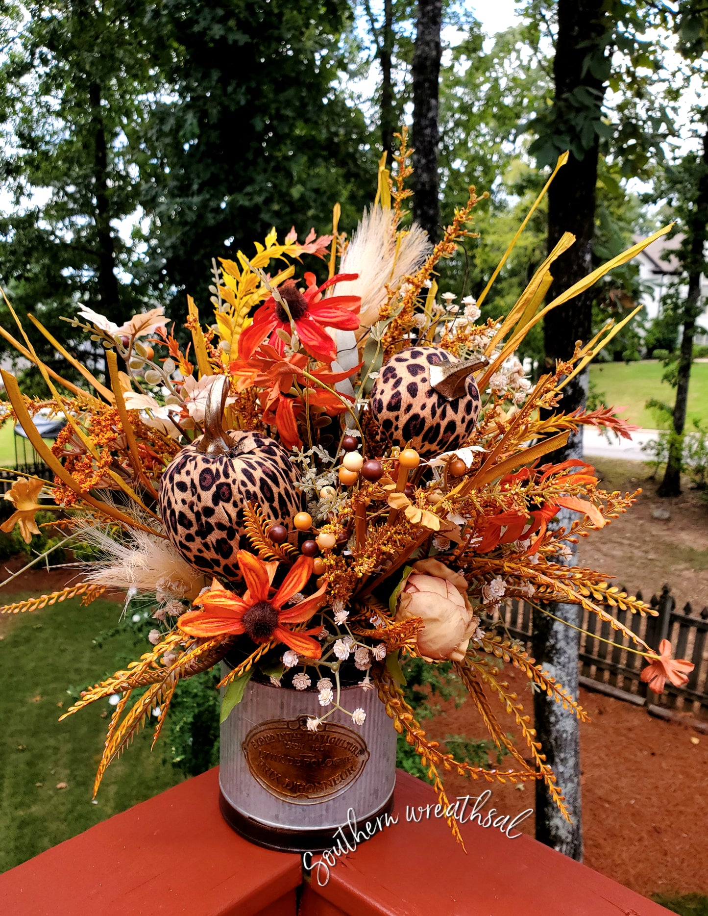 Fall Cheetah Pumpkin Centerpiece | Peonies & Orange Blackeyed Susan Flowers