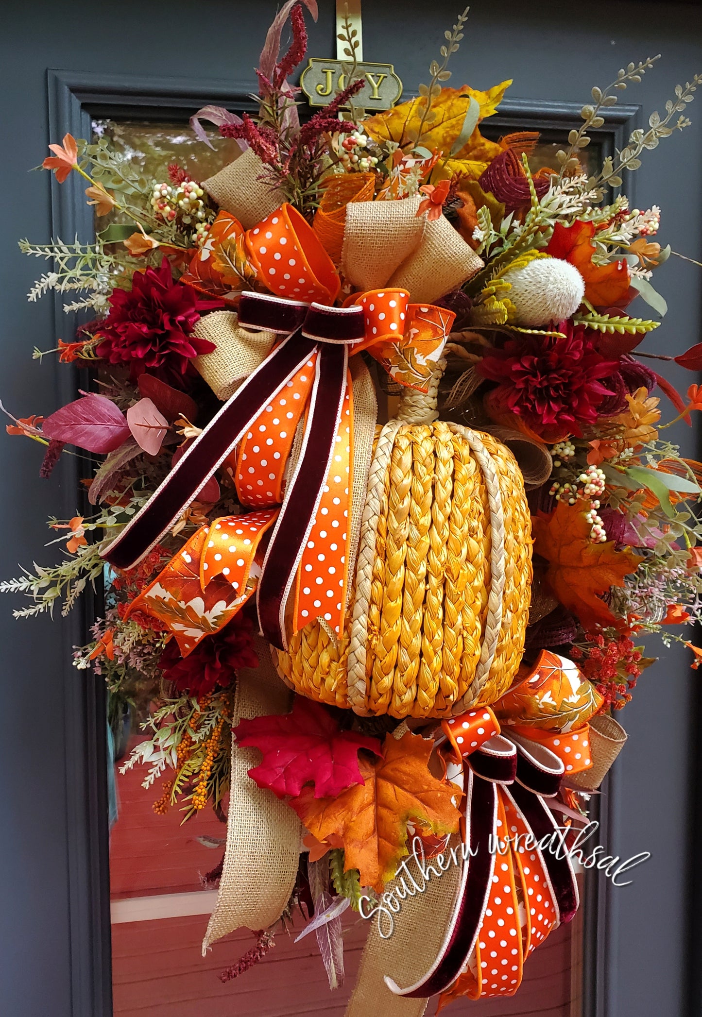 Fall Cornhusk Orange Pumpkin Fall Door Wreath | Thanksgiving Door Wreath