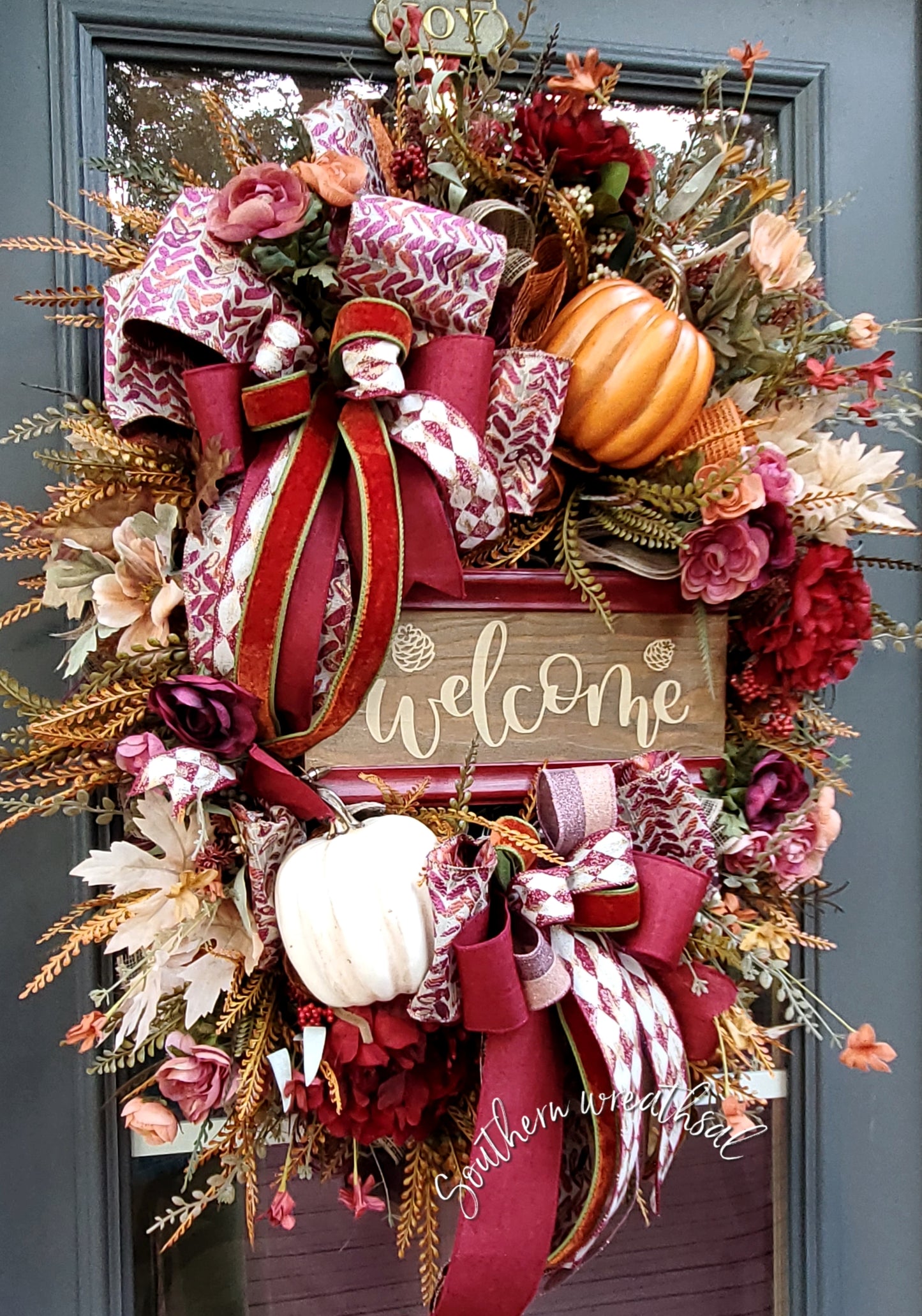 Burgundy Peony & Pumpkin Fall Door Wreath | Thanksgiving Welcome Wreath