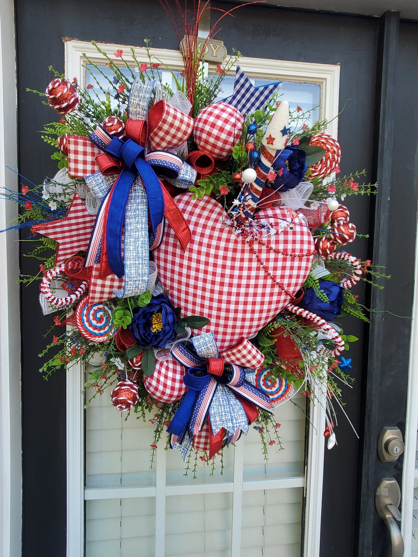Patriotic Red Heart Door Wreath- Red Gingham Check