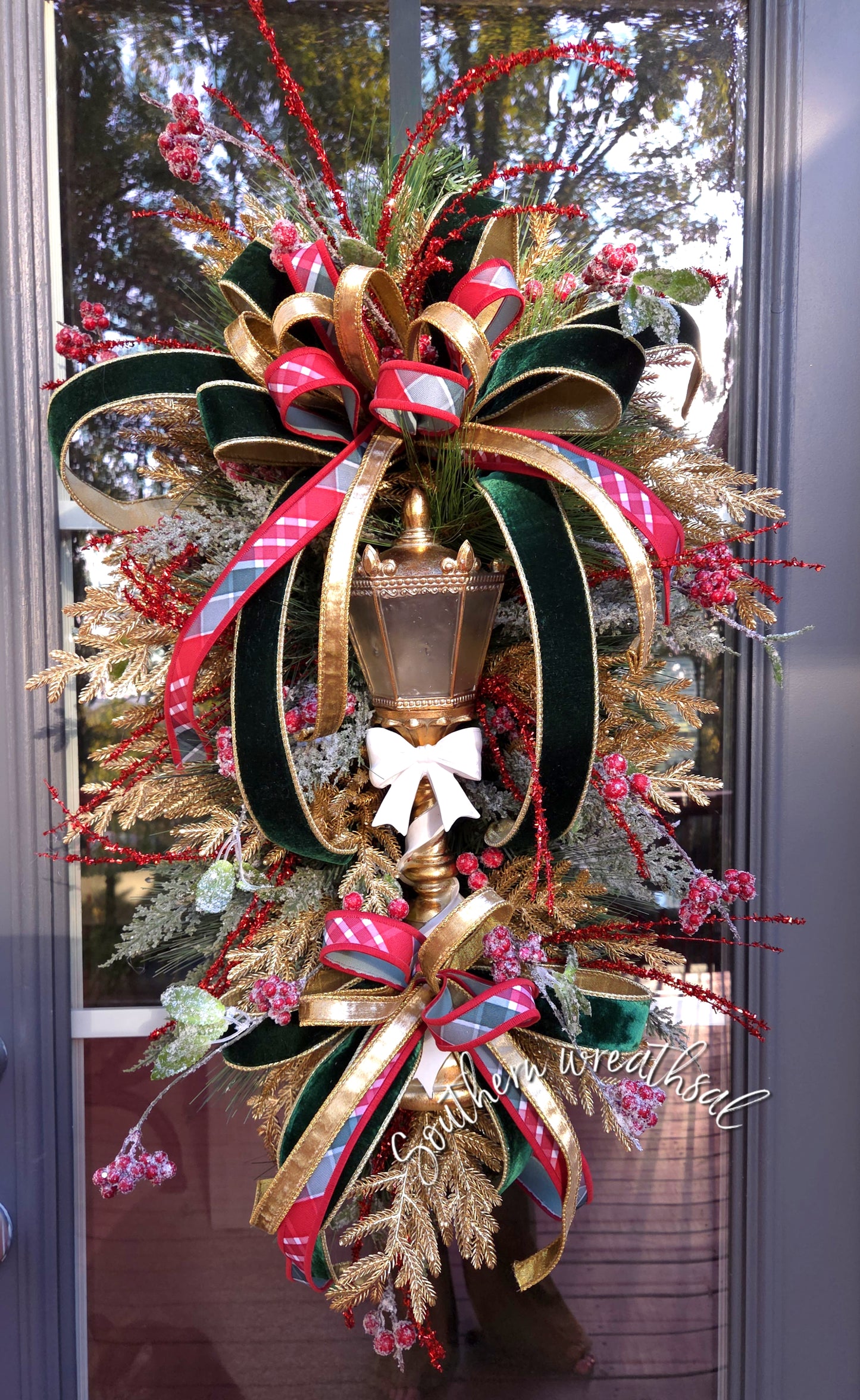 Elegant Christmas Gold, Red & Green Light Post Door Wreath