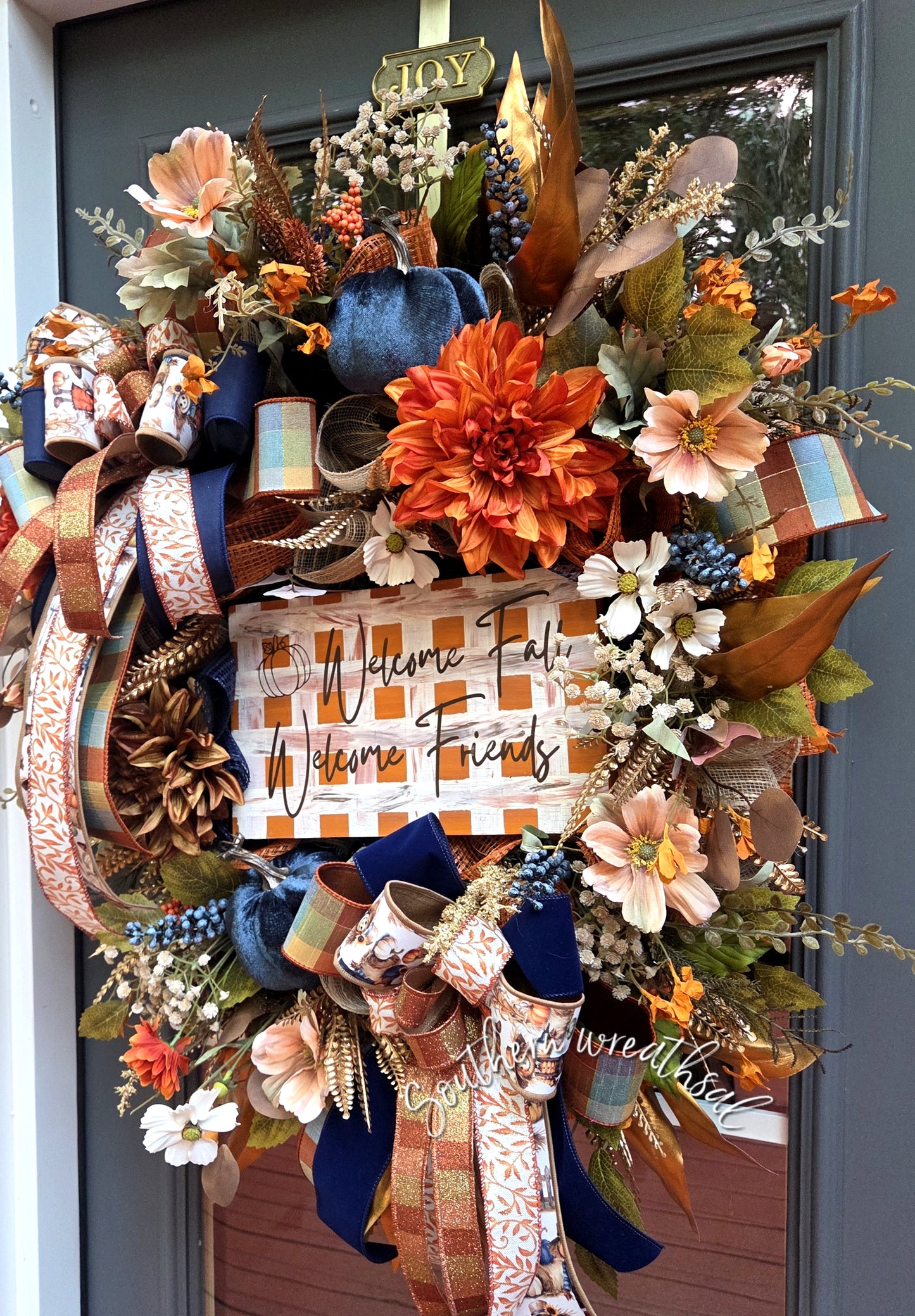 Orange & Navy Fall Friends Welcome Door Wreath