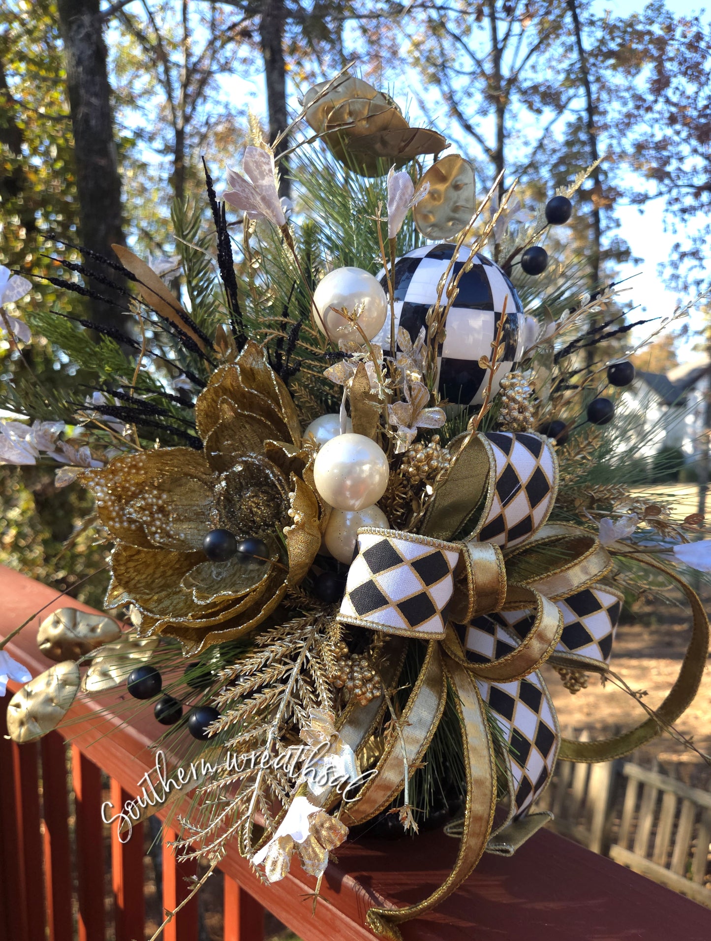 Luxe Gold Black & White Christmas Poinsettia Floral Arrangement
