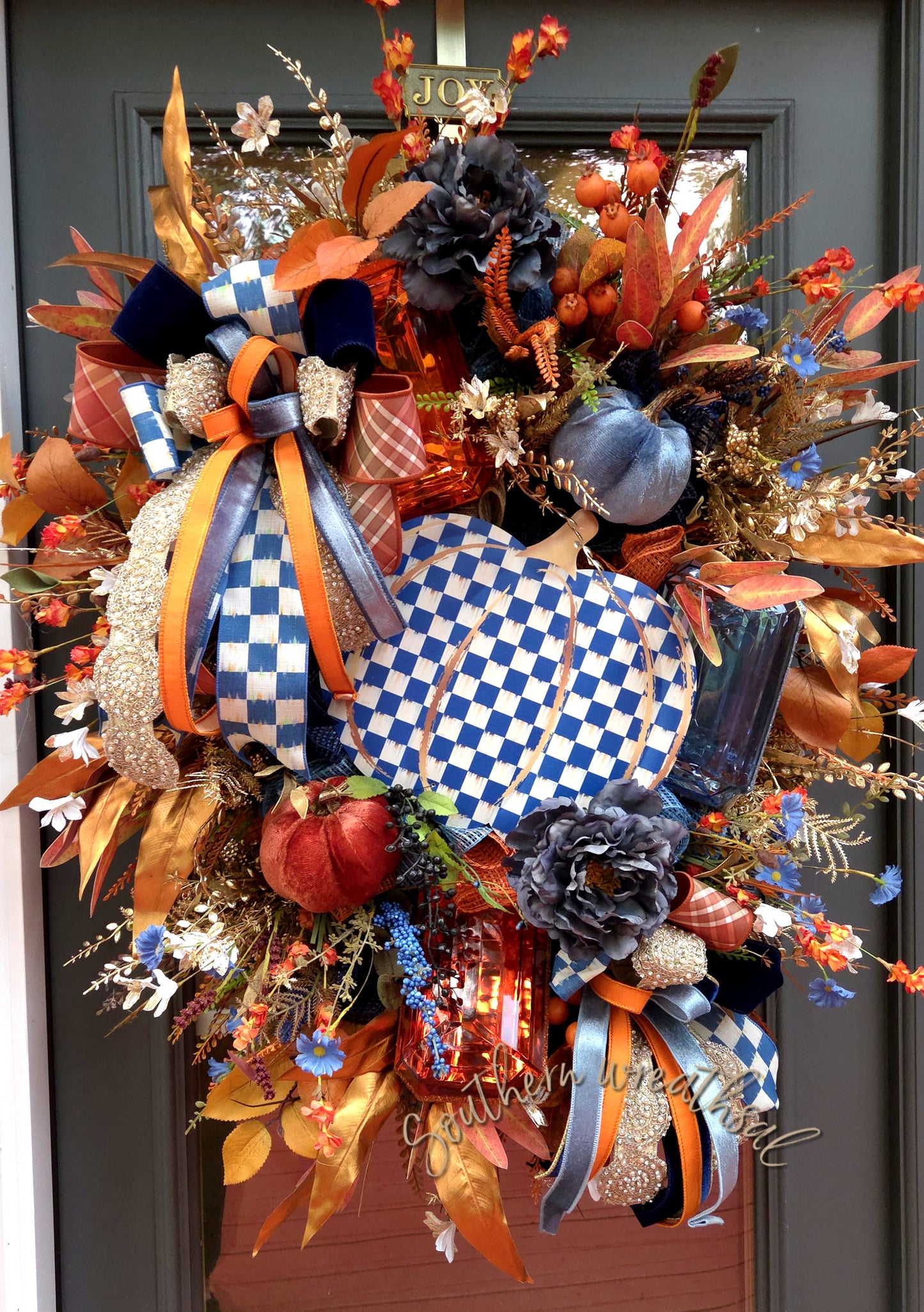 Deluxe Elegant Orange and NavyPumpkin & Jewel Fall Wreath