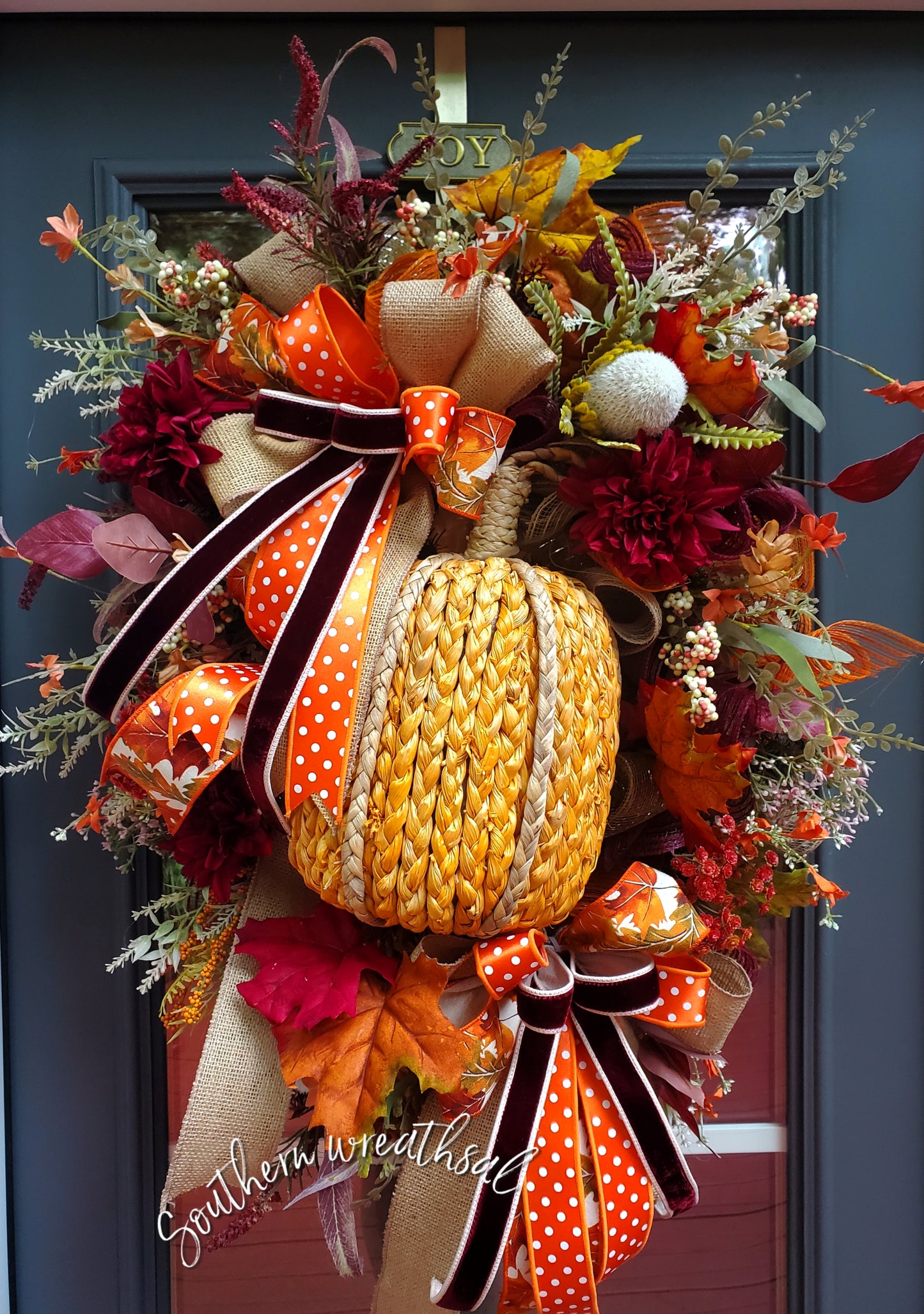 Fall Cornhusk Orange Pumpkin Fall Door Wreath | Thanksgiving Door Wreath