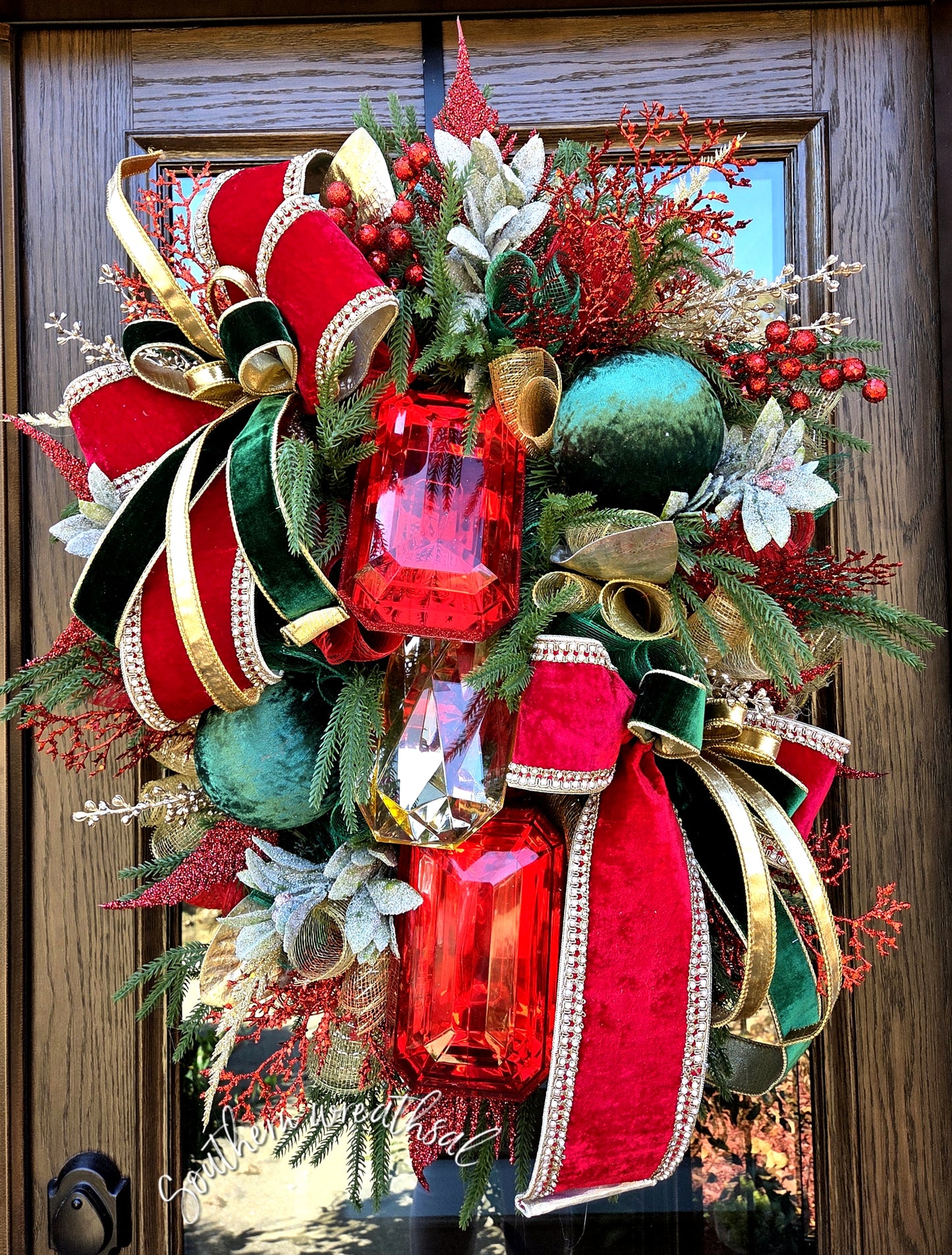 Traditional Red and Gold designer Jewel Christmas Front Door Wreath