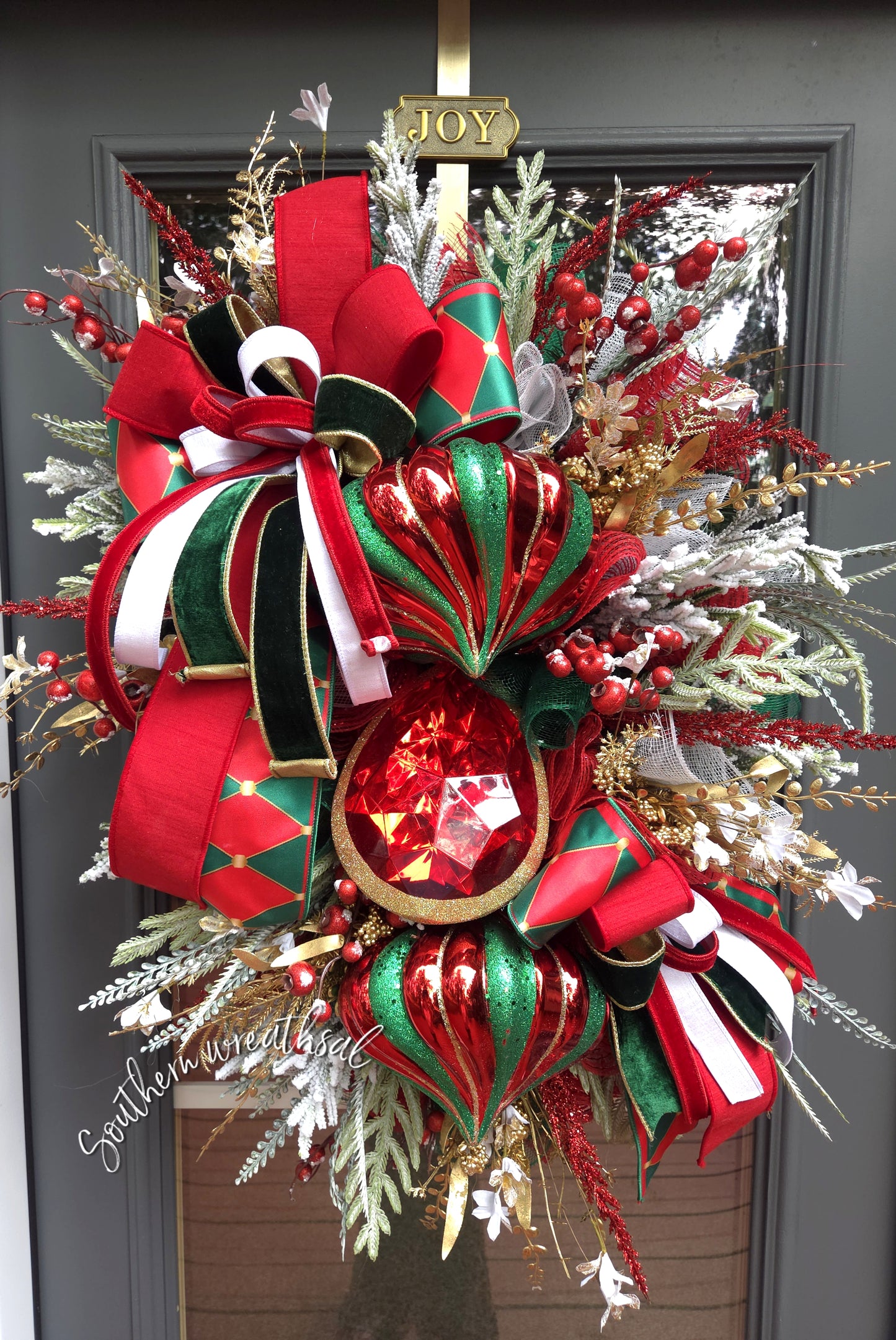 Red,Green & Gold Christmas Jewel Wreath- Holiday Finial Swag