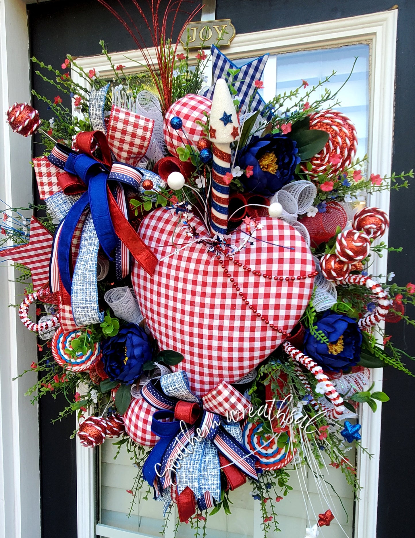 Patriotic Red Heart Door Wreath- Red Gingham Check