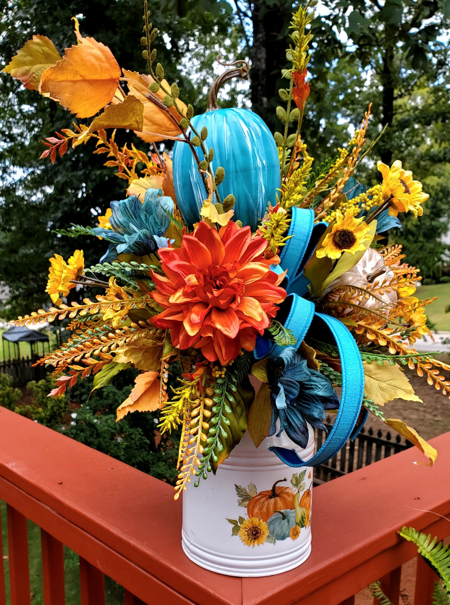 Orange and Turquoise Fall Pumpkin Table Centerpiece