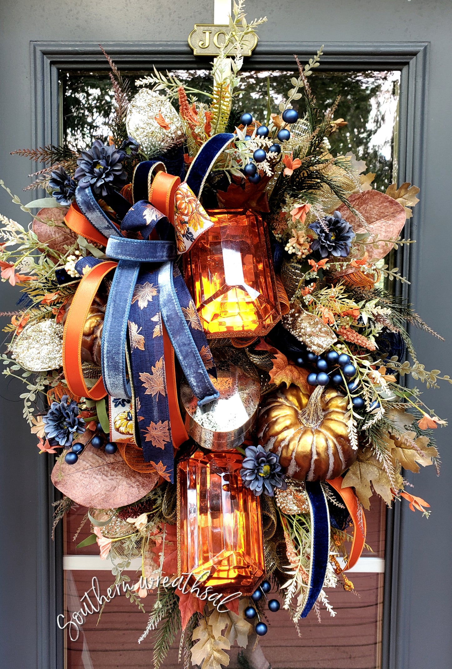Fall Deluxe Orange Jewel Bronze Pumpkin Door Wreath | Thanksgiving Door Wreath