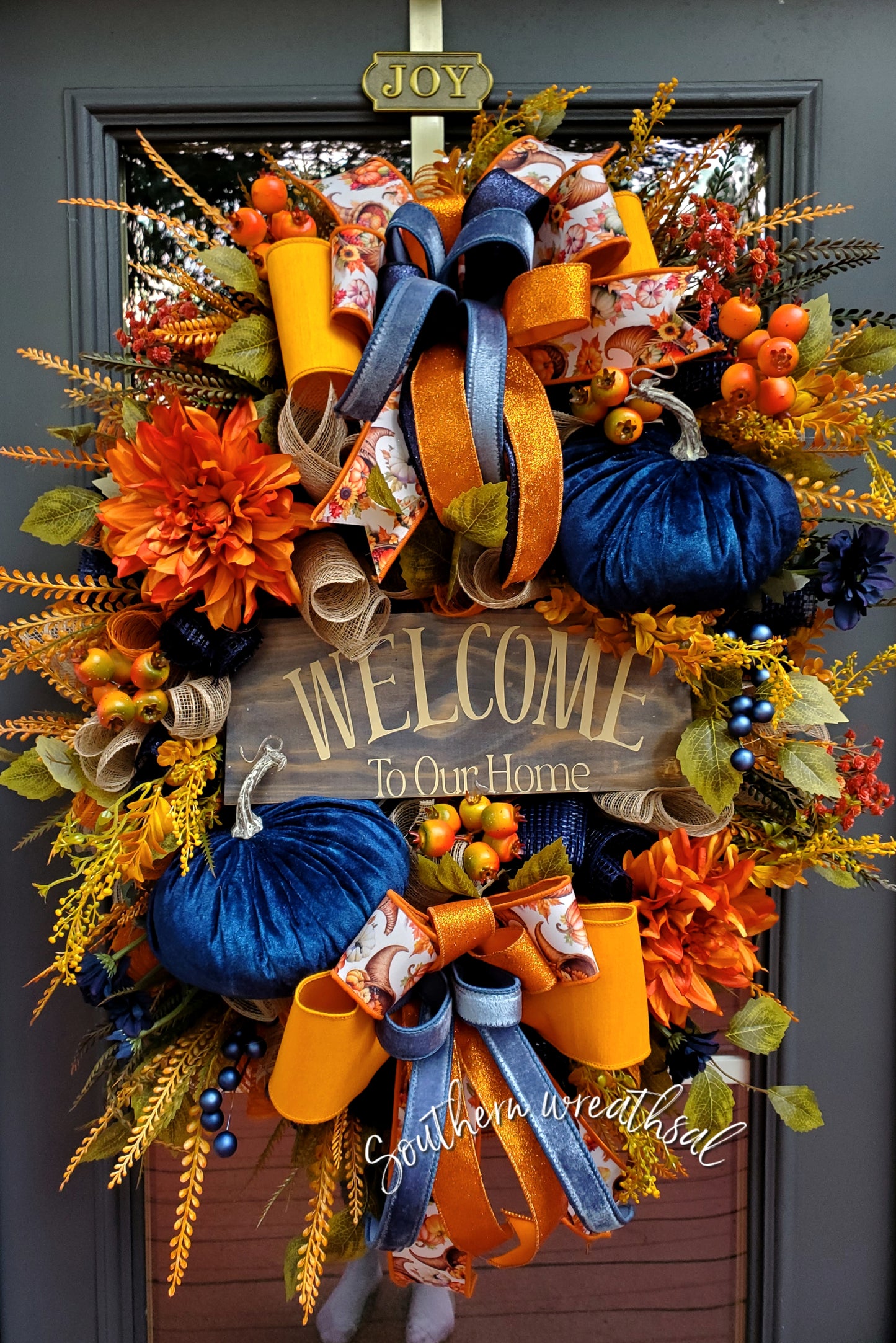 Deluxe Fall Front Door Wreath- Welcome To Our Home- Orange &Navy Blue | Thanksgiving Statement Wreath