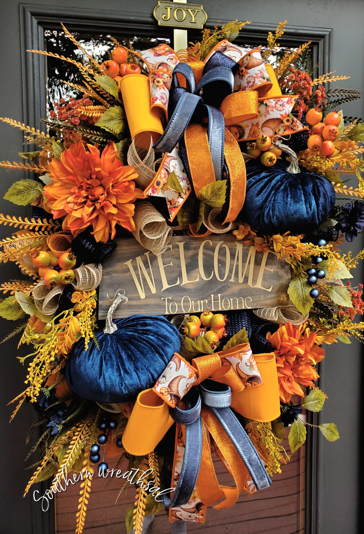 Deluxe Fall Front Door Wreath- Welcome To Our Home- Orange &Navy Blue | Thanksgiving Statement Wreath