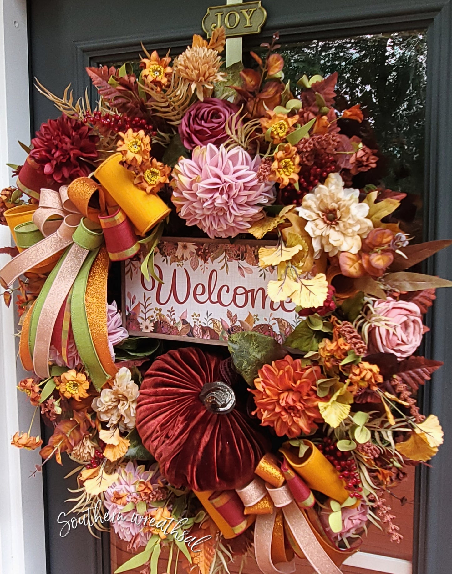 Autumn’s Velvet Welcome – Deluxe Burgundy & Orange Fall Floral Door Wreath