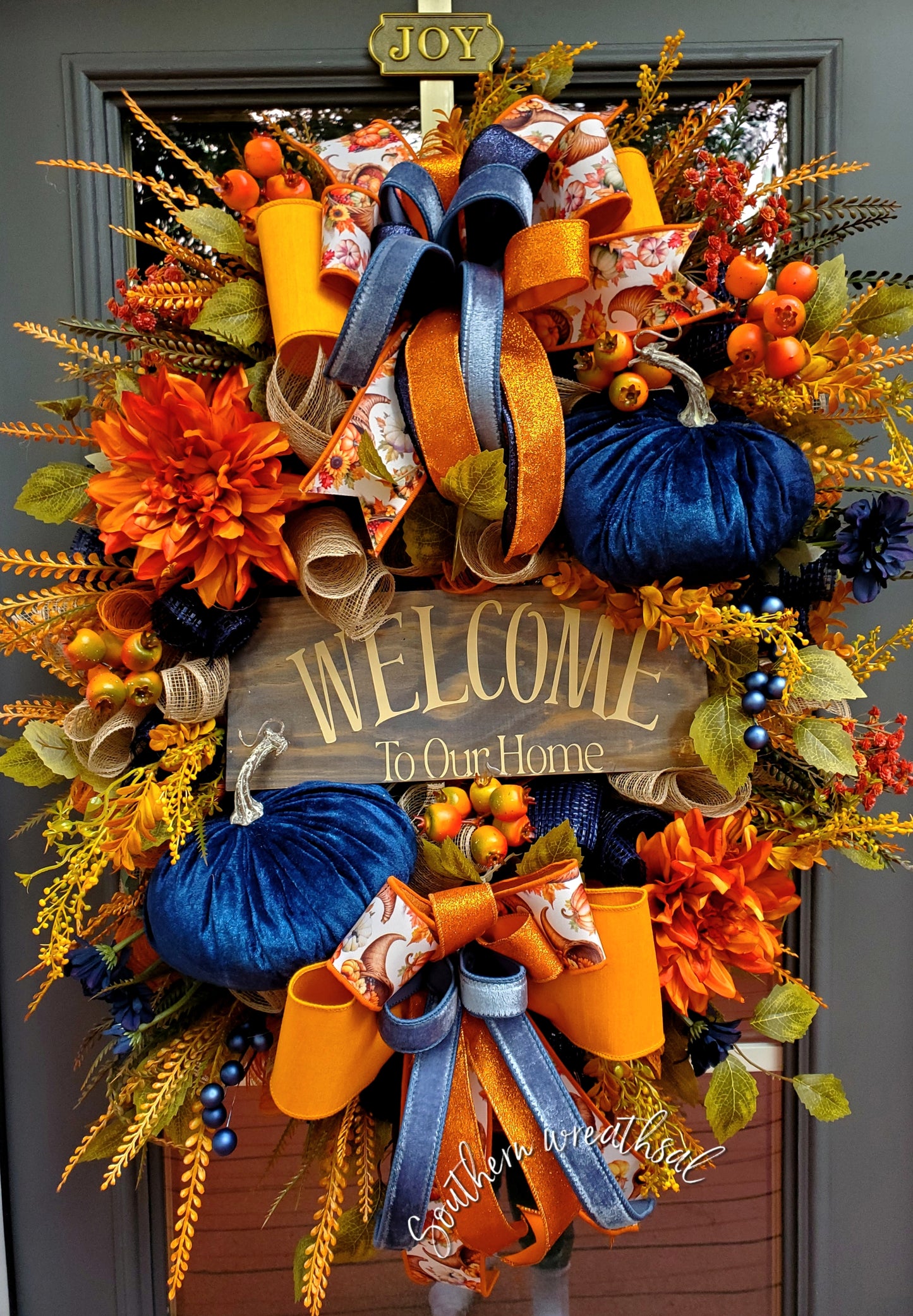 Deluxe Fall Front Door Wreath- Welcome To Our Home- Orange &Navy Blue | Thanksgiving Statement Wreath