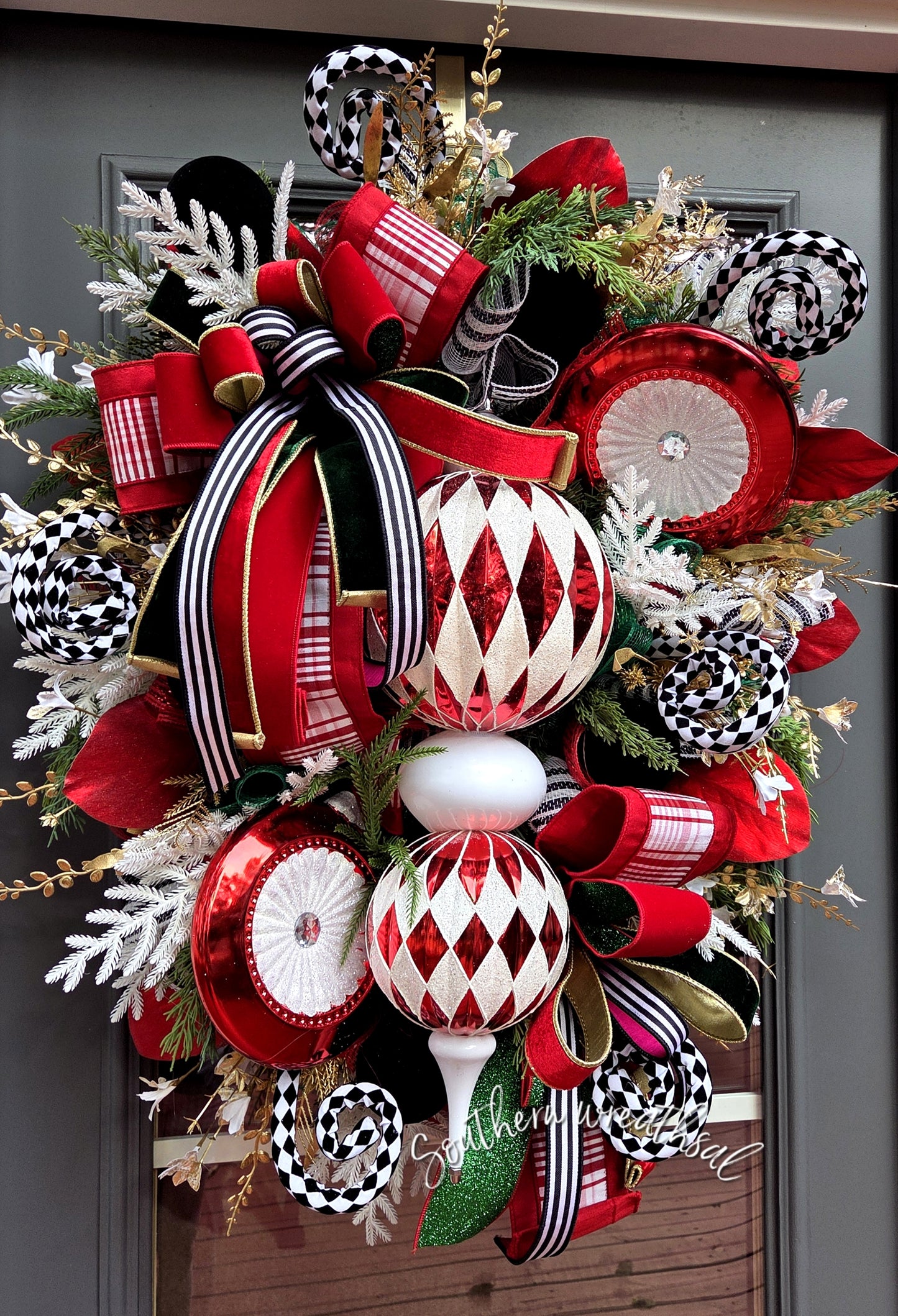 Red & White Christmas Finial Front Door Wreath - Deluxe