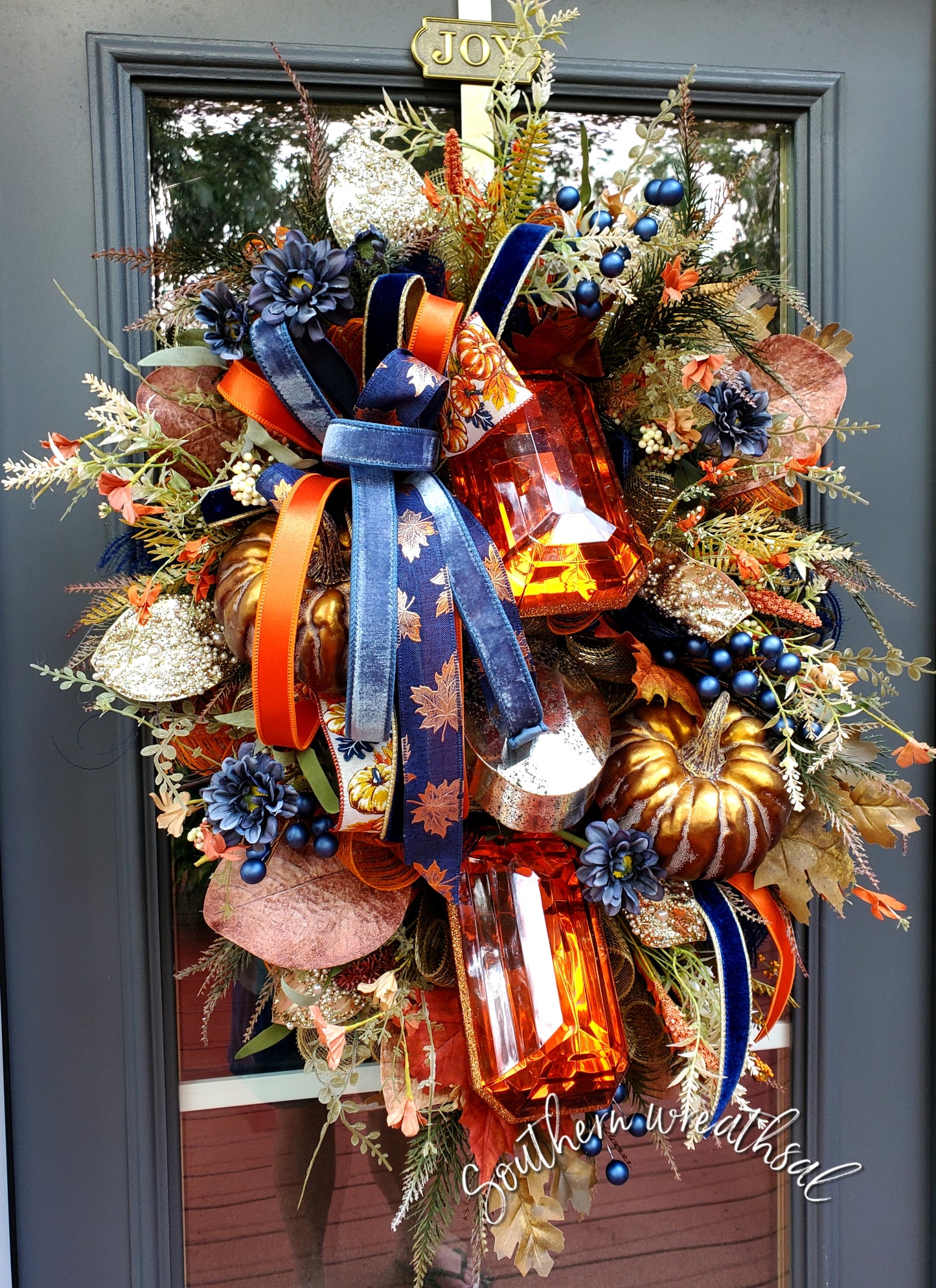 Fall Deluxe Orange Jewel Bronze Pumpkin Door Wreath | Thanksgiving Door Wreath