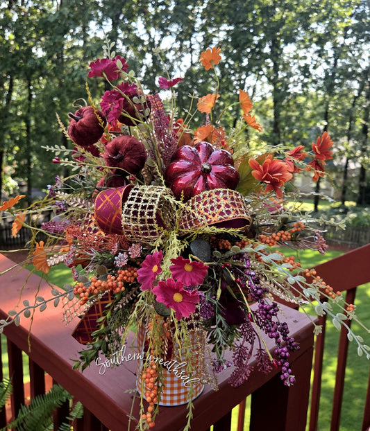Fall Orange & Burgundy Pumpkin Floral Arrangement