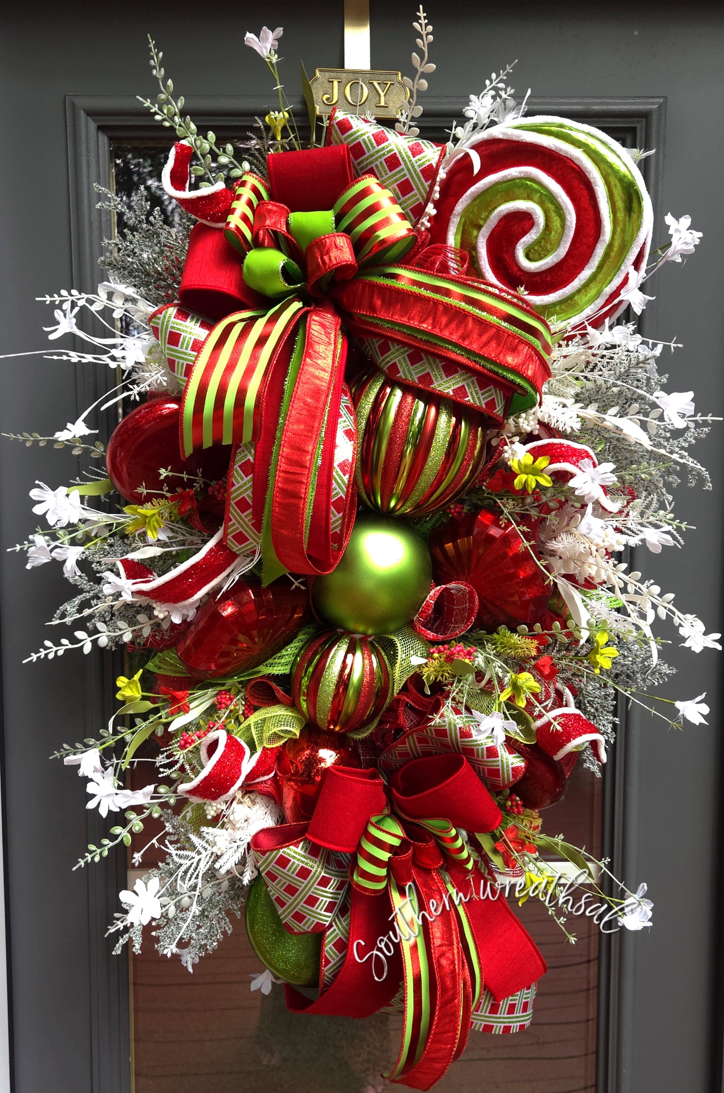 Red & Lime Green XL Finial Christmas Front Door Wreath