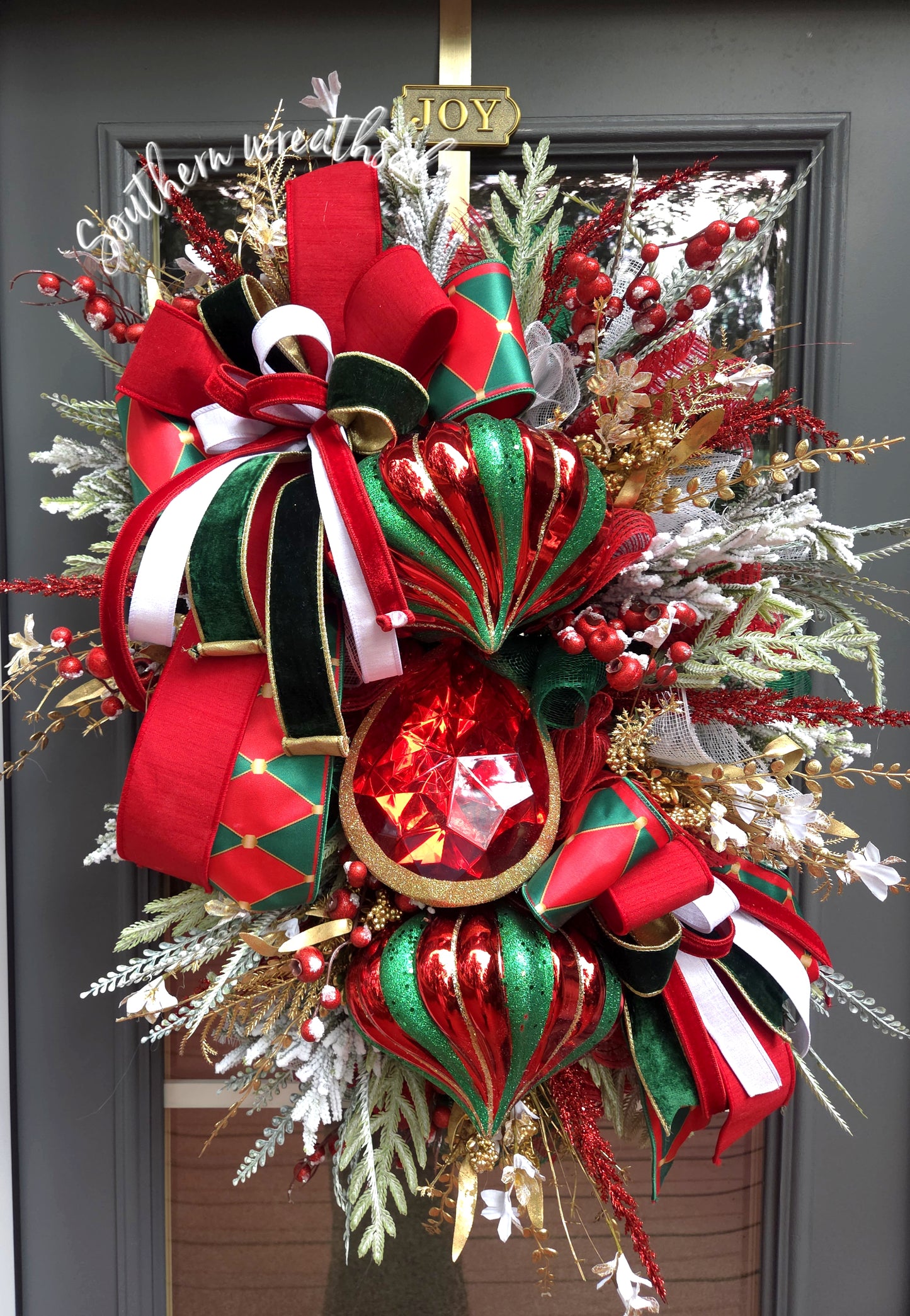 Red,Green & Gold Christmas Jewel Wreath- Holiday Finial Swag