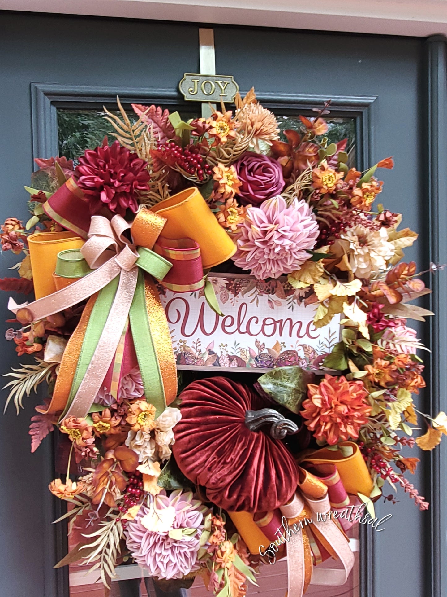 Autumn’s Velvet Welcome – Deluxe Burgundy & Orange Fall Floral Door Wreath