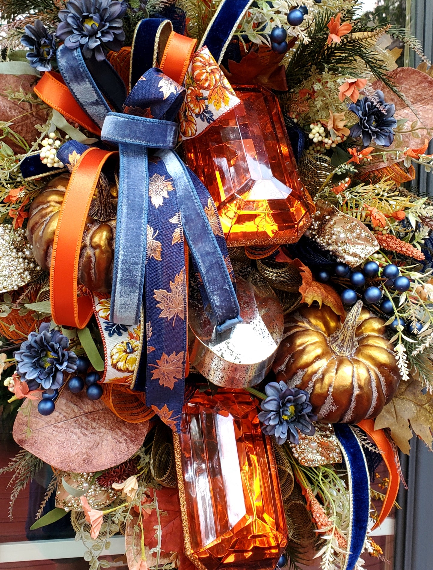 Fall Deluxe Orange Jewel Bronze Pumpkin Door Wreath | Thanksgiving Door Wreath