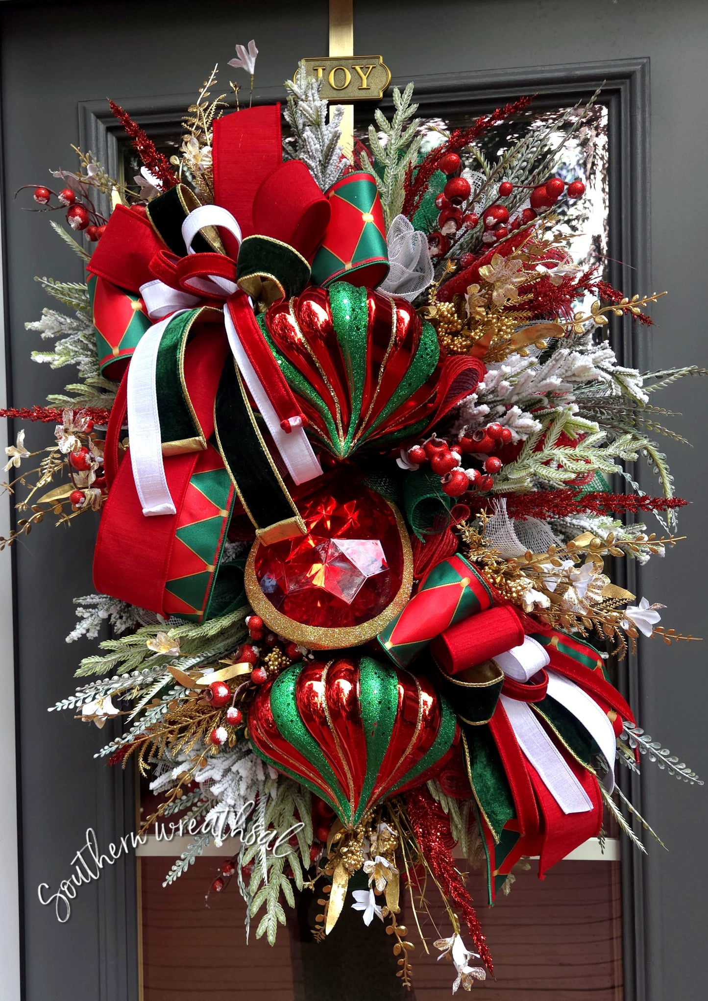 Red,Green & Gold Christmas Jewel Wreath- Holiday Finial Swag