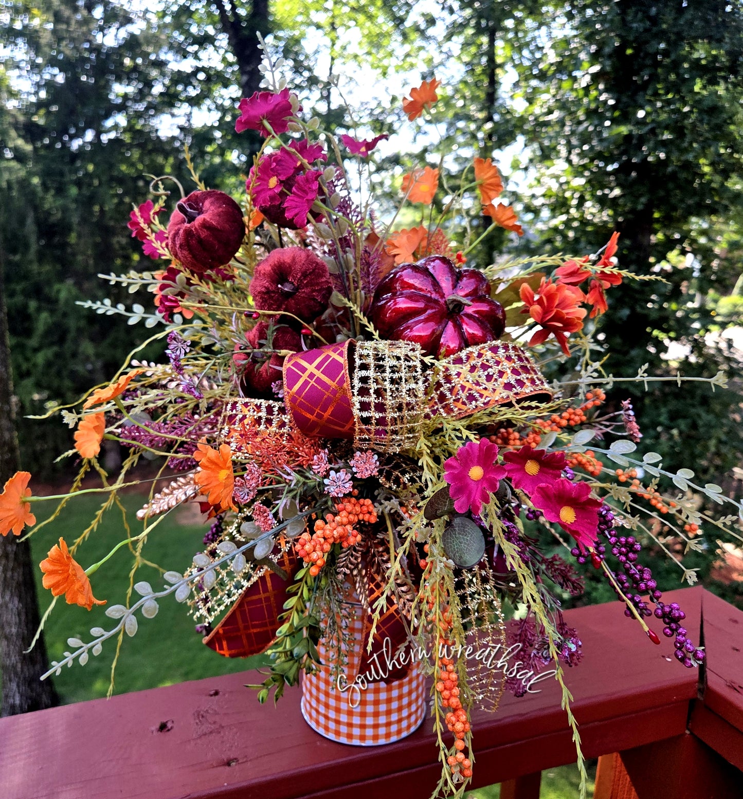 Fall Orange & Burgundy Pumpkin Floral Arrangement