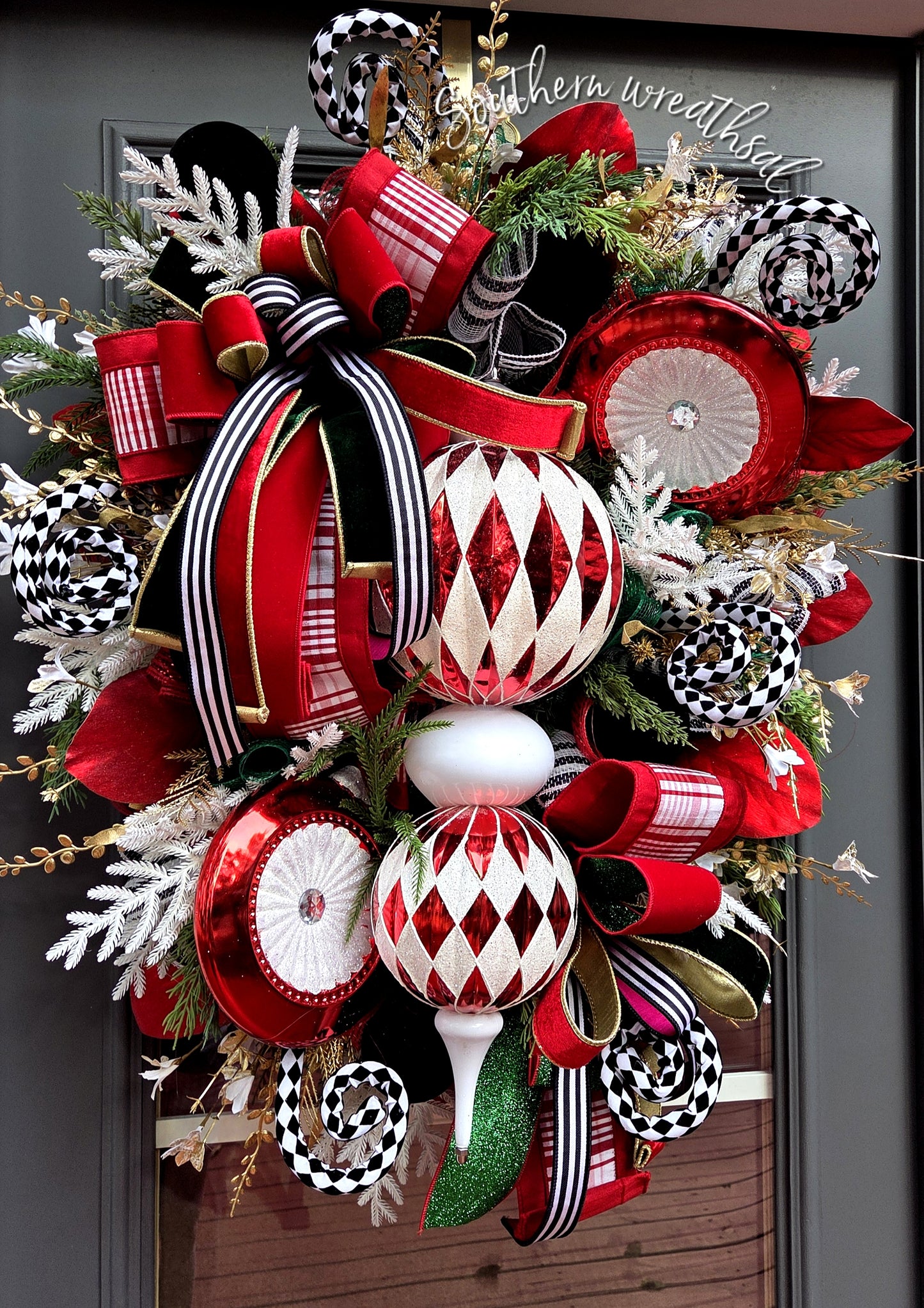 Red & White Christmas Finial Front Door Wreath - Deluxe