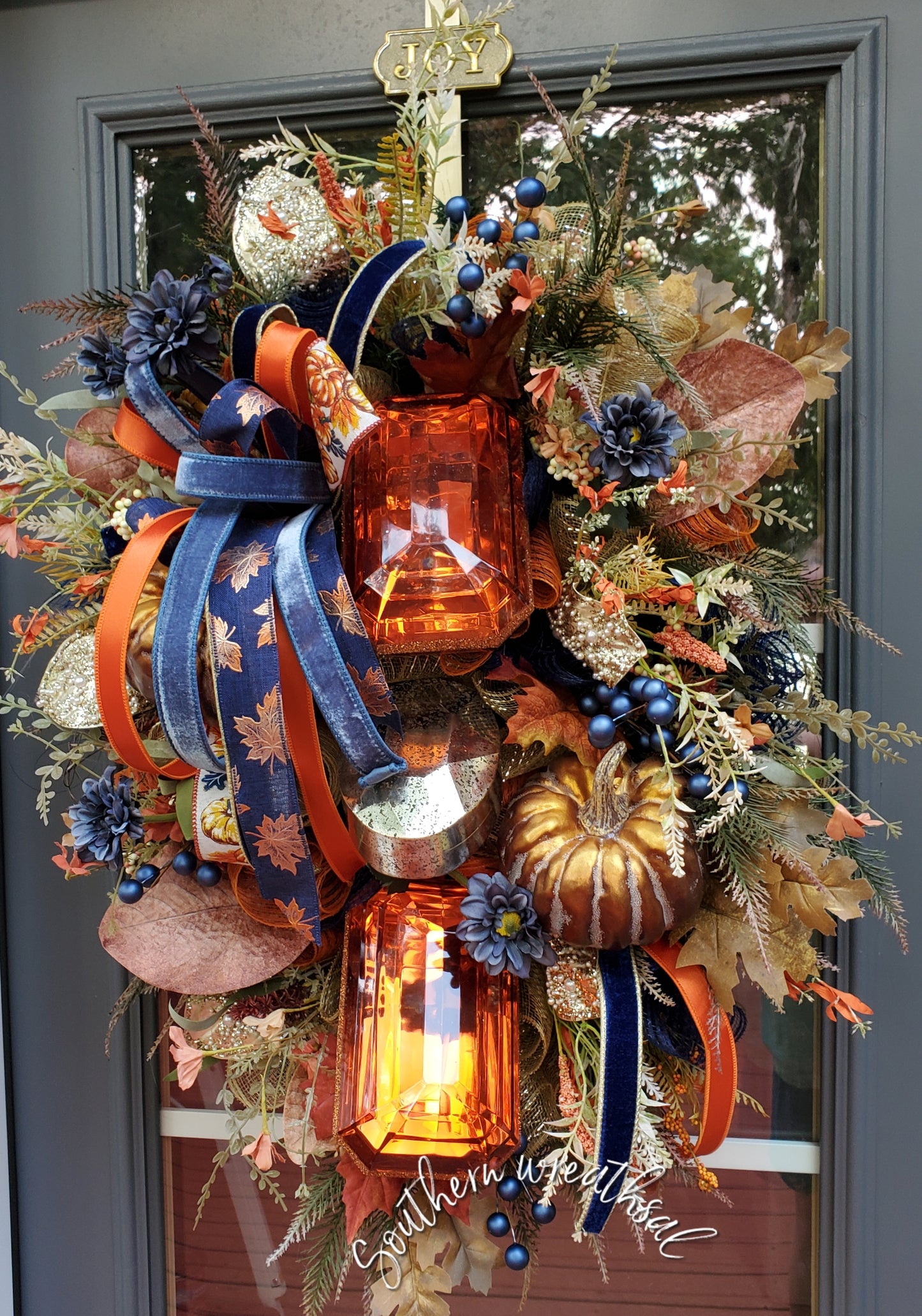 Fall Deluxe Orange Jewel Bronze Pumpkin Door Wreath | Thanksgiving Door Wreath